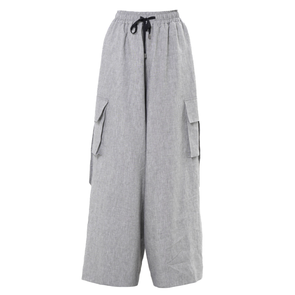 Gray Linen Cargo Palazzo Pants with Drawstring