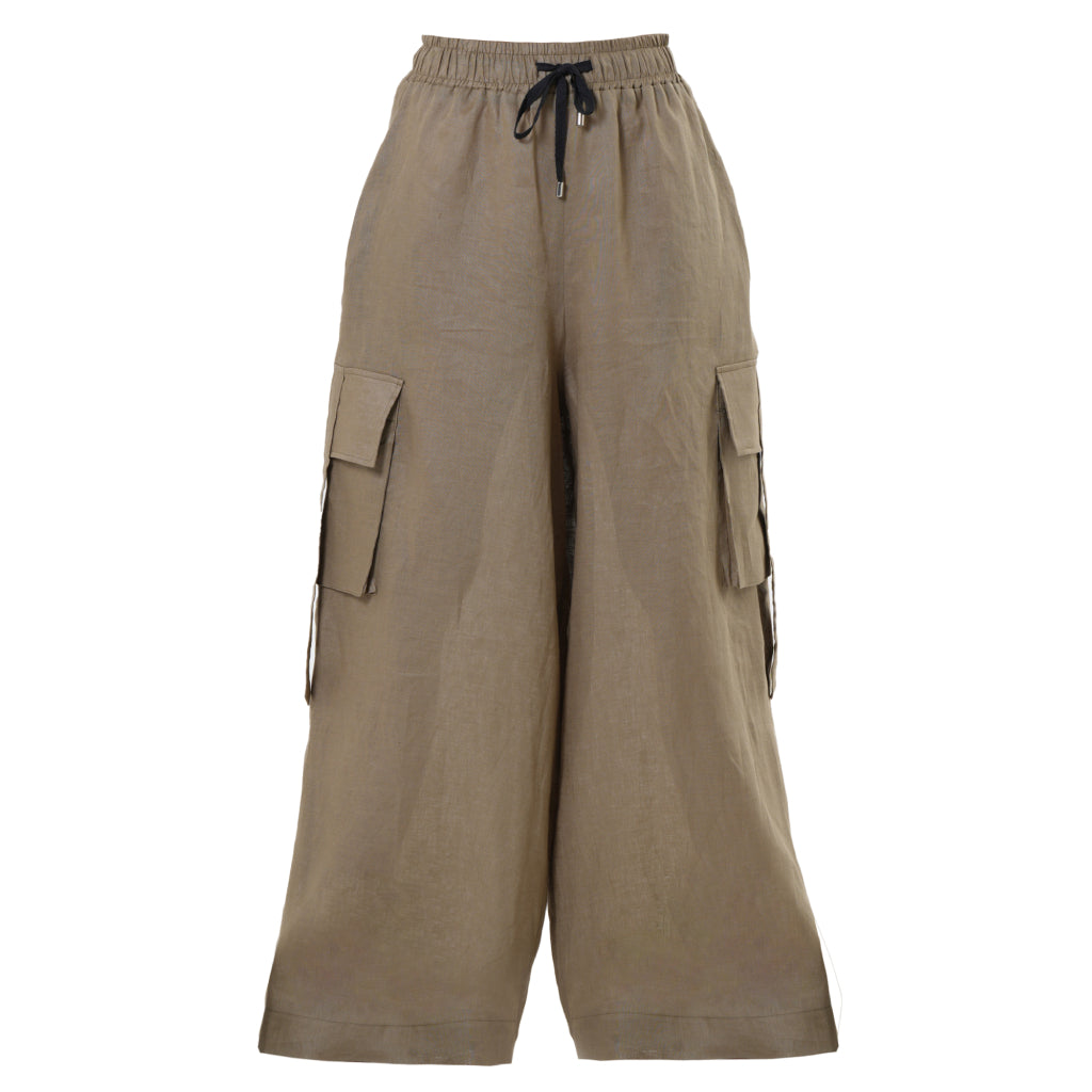 Linen Cargo Palazzo Pants | Khaki