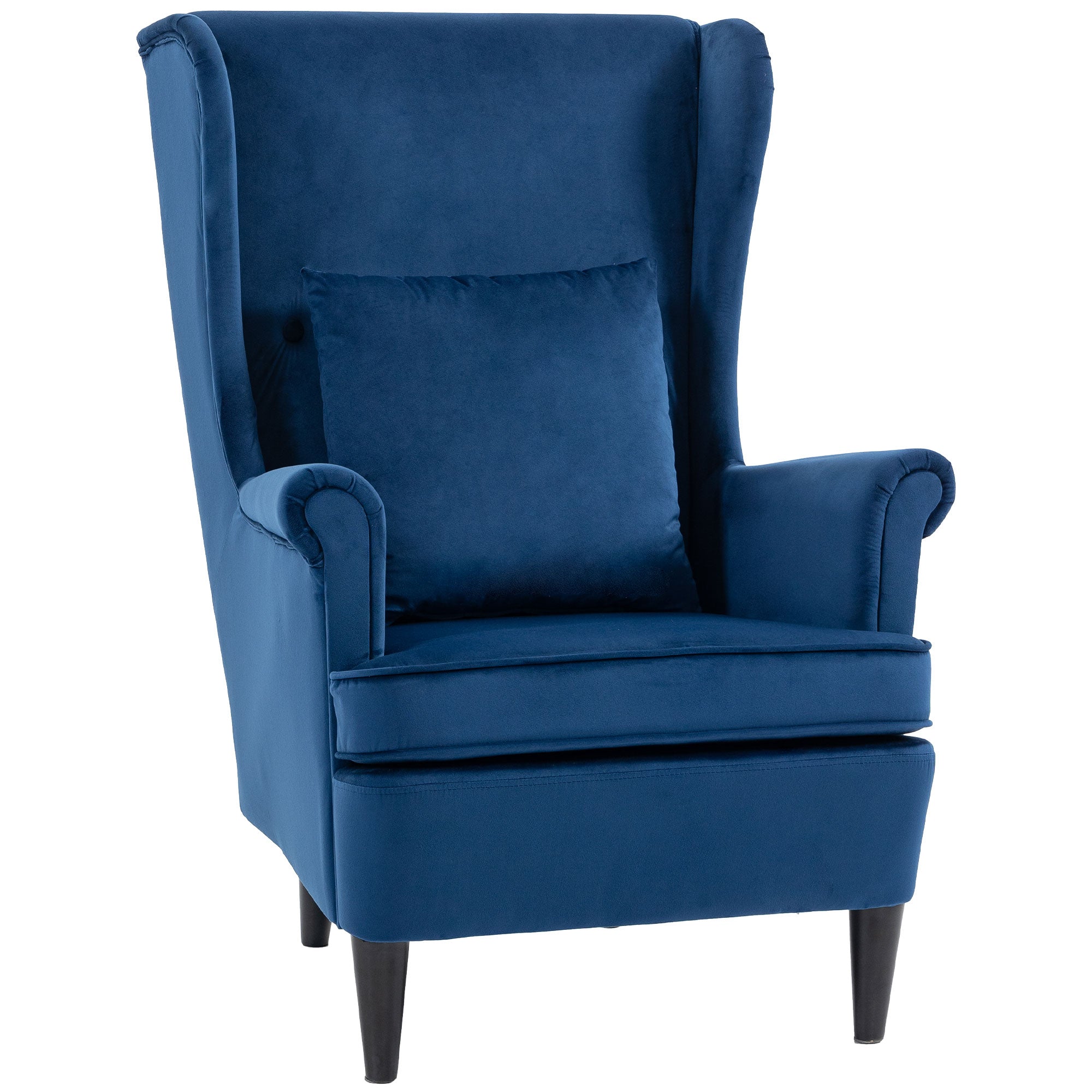Wingback Accent Chair with High Back & Pillow, Velvet-Feel, Solid Wood Legs, Blue