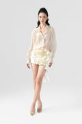 Raised Long Sleeve Floral Accent Silk Mini Skirt Set