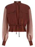 Brunello Cucinelli Silk-Sleeve Contrast Blouse — Brown
