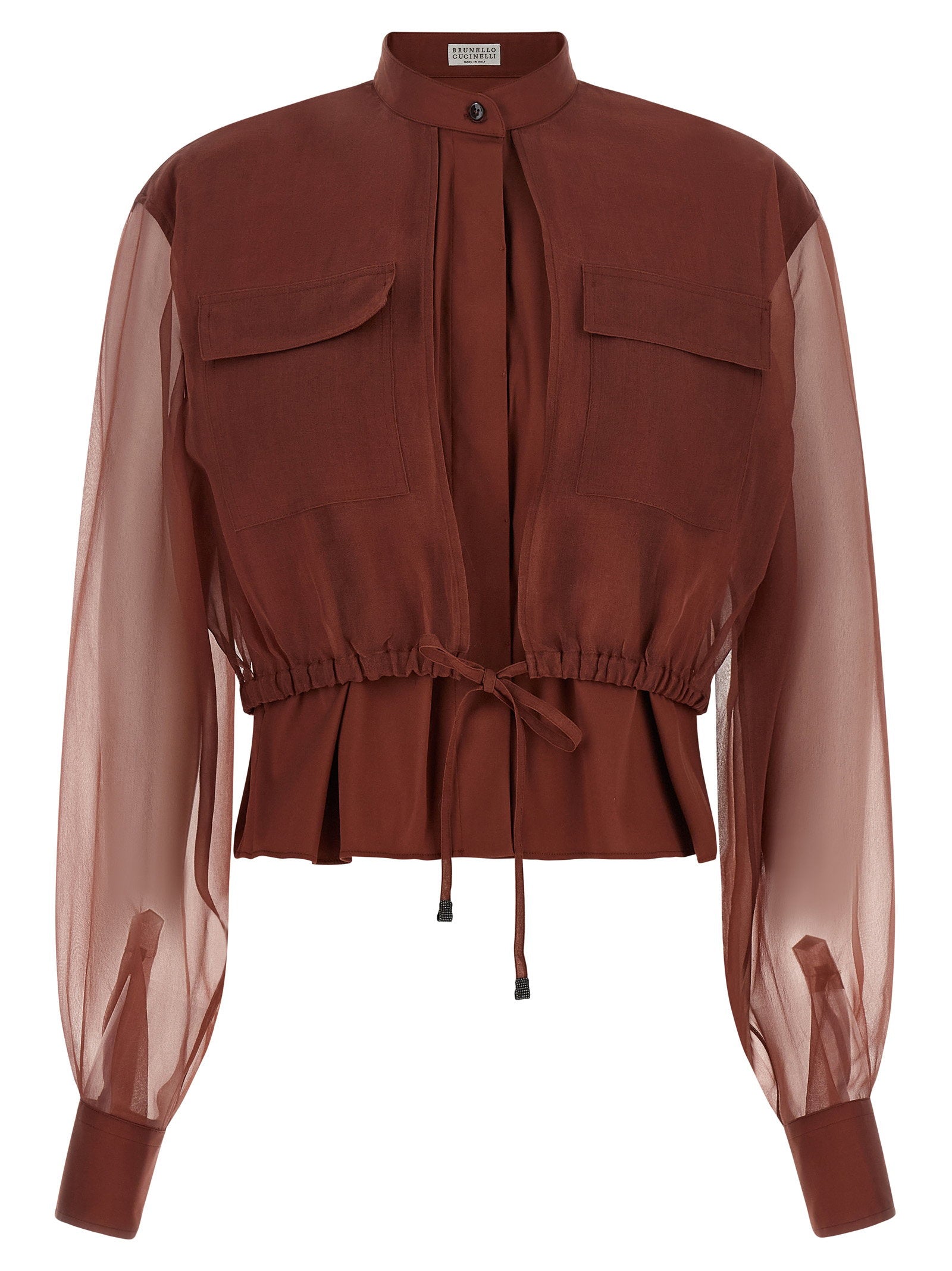 Brunello Cucinelli Silk-Sleeve Contrast Blouse — Brown