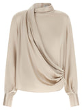 Brunello Cucinelli Asymmetric Draped Silk Blouse — Beige