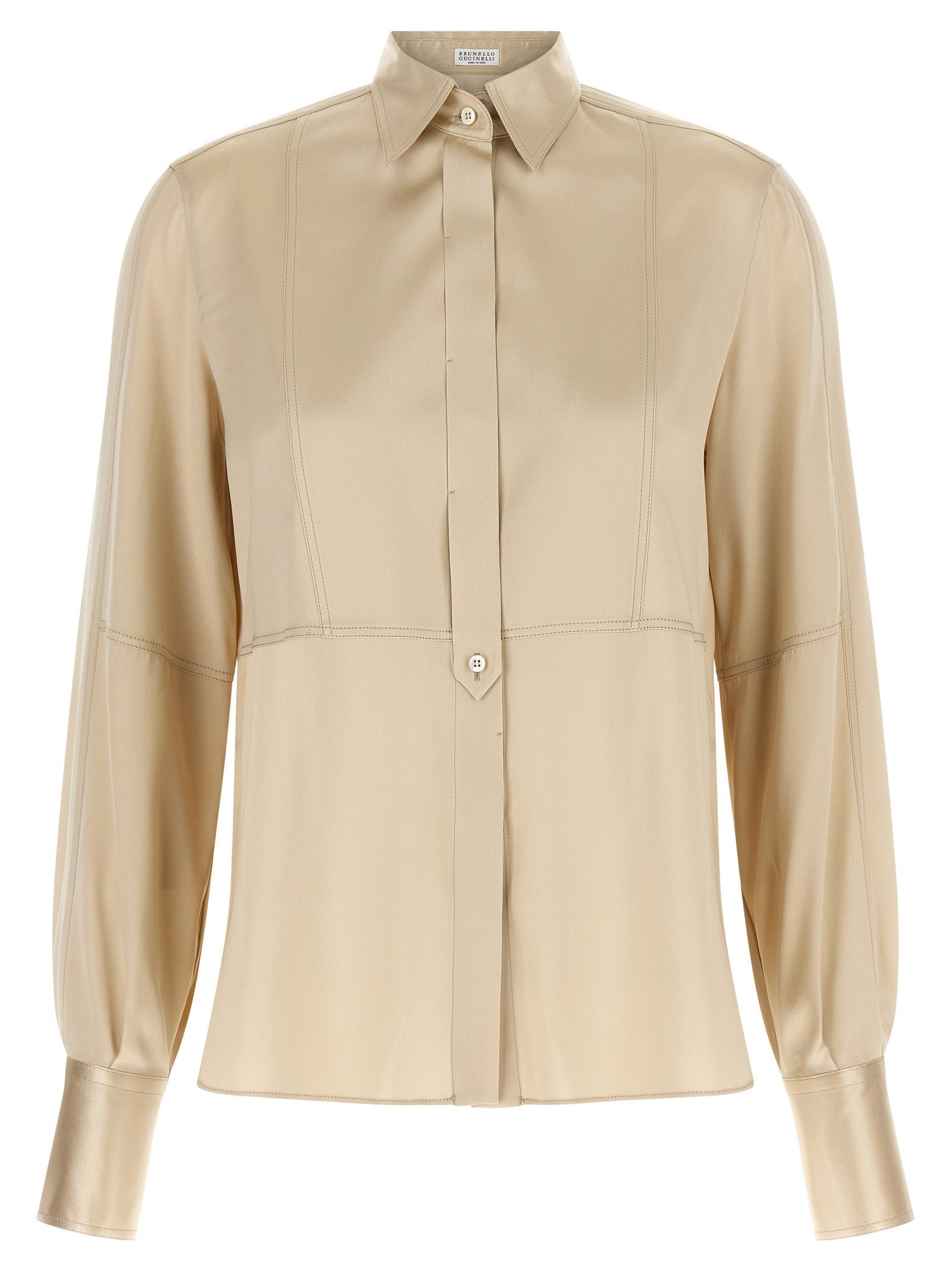 Brunello Cucinelli Stretch Silk Satin Shirt — Beige