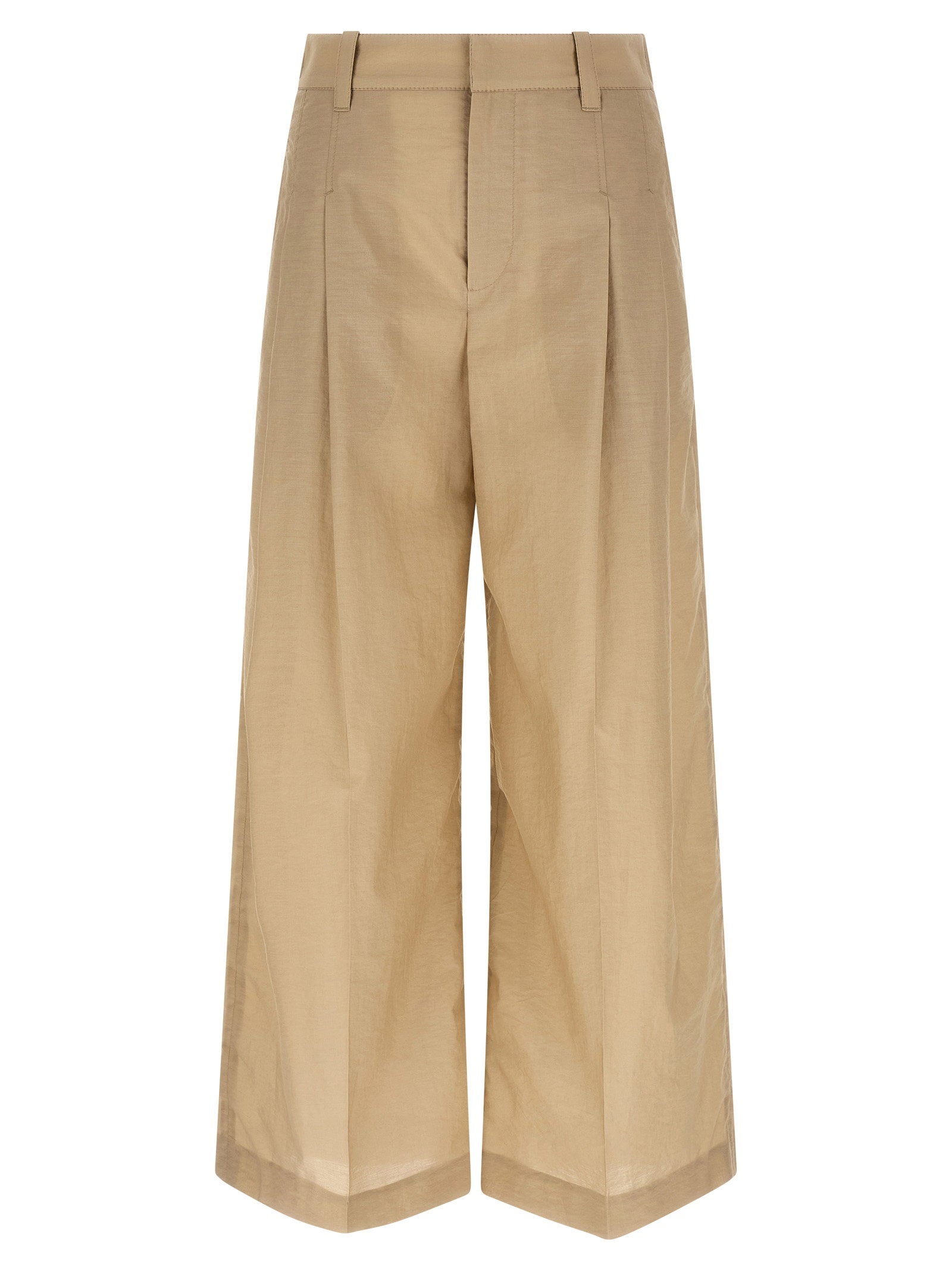 Brunello Cucinelli Techno Cotton Poplin A-Line Trousers — Beige