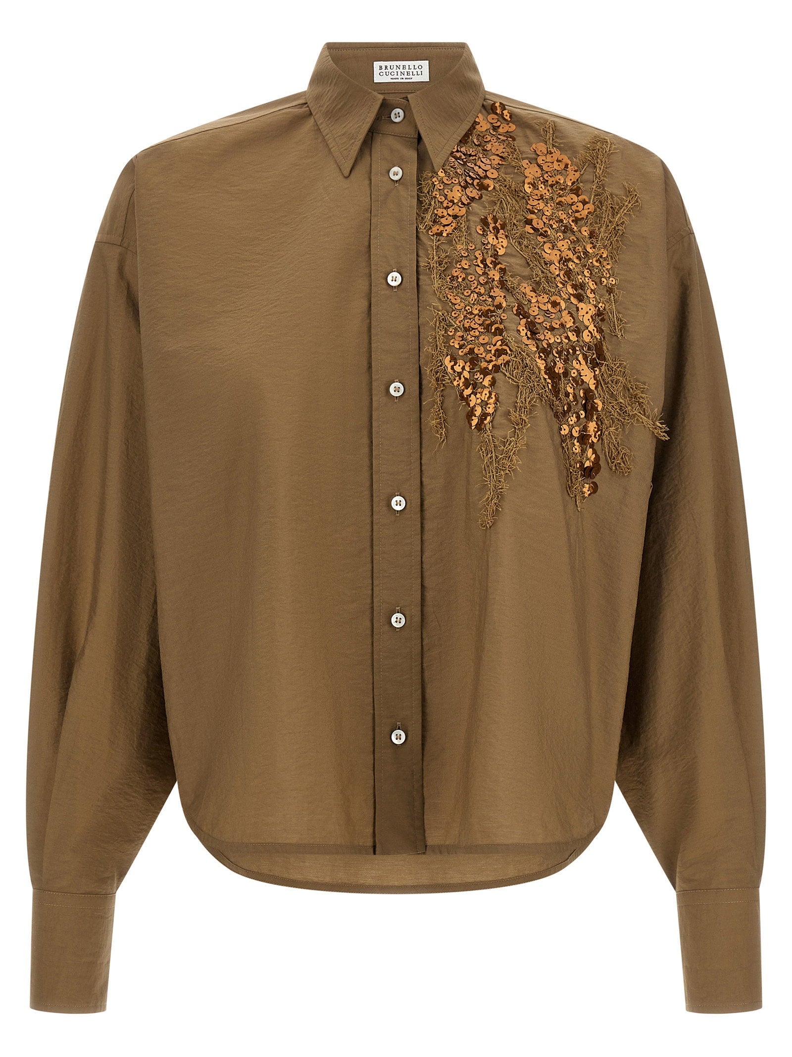 Brunello Cucinelli Dazzling Seabed Embroidery Shirt — Khaki