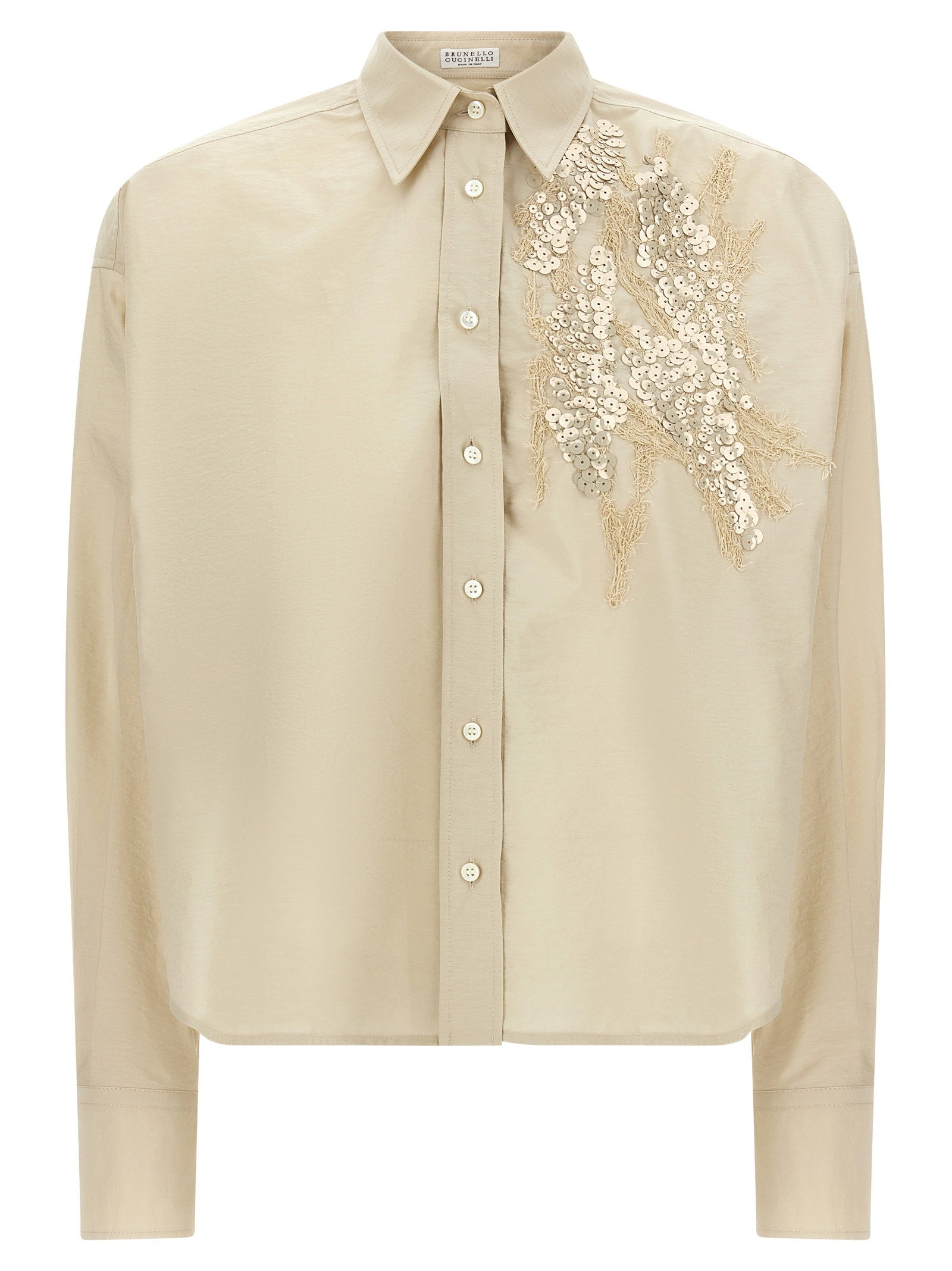 Brunello Cucinelli Sequin-Embroidered Poplin Shirt — Beige