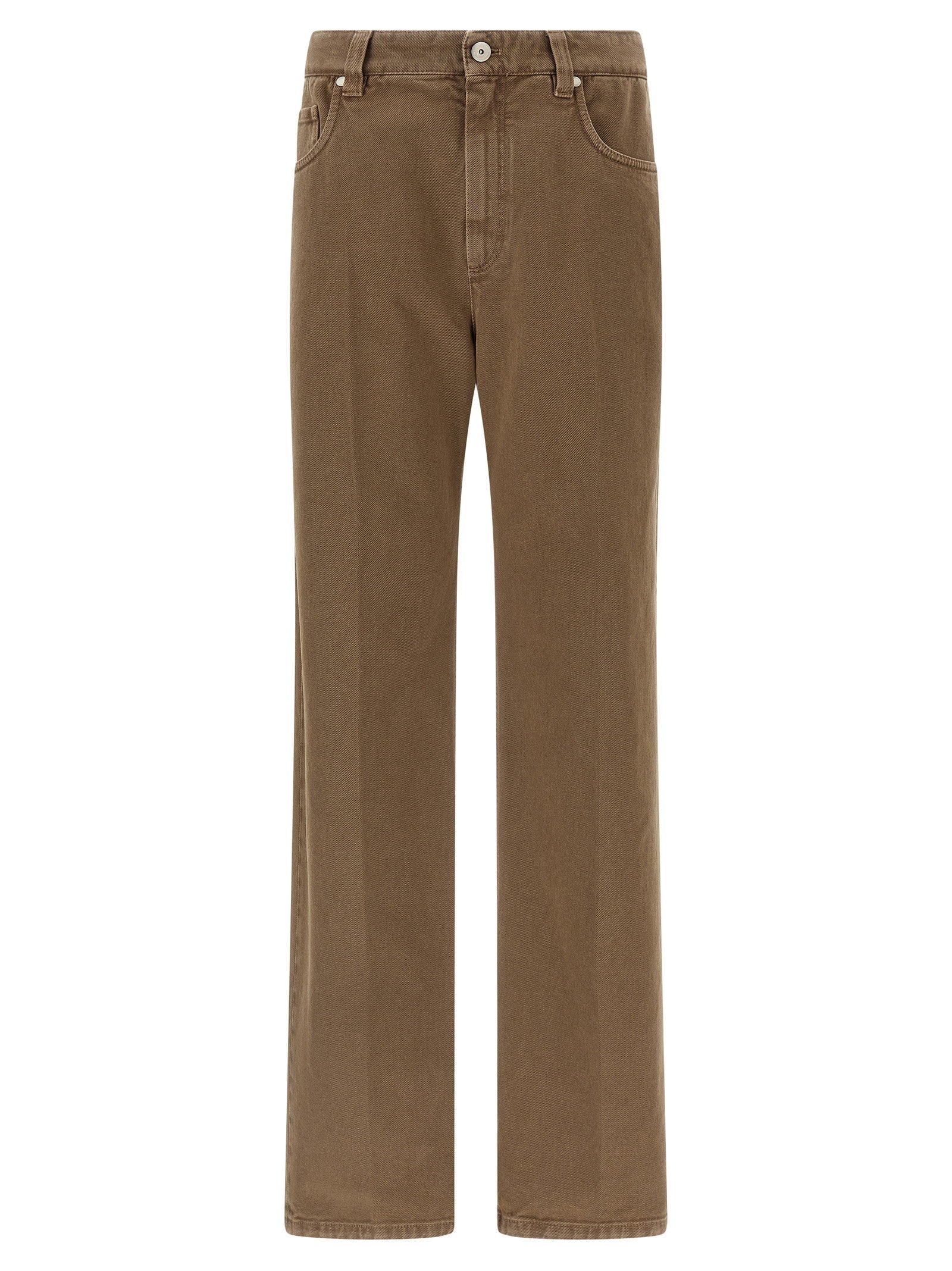 Brunello Cucinelli Garment-Dyed Denim Trousers — Taupe