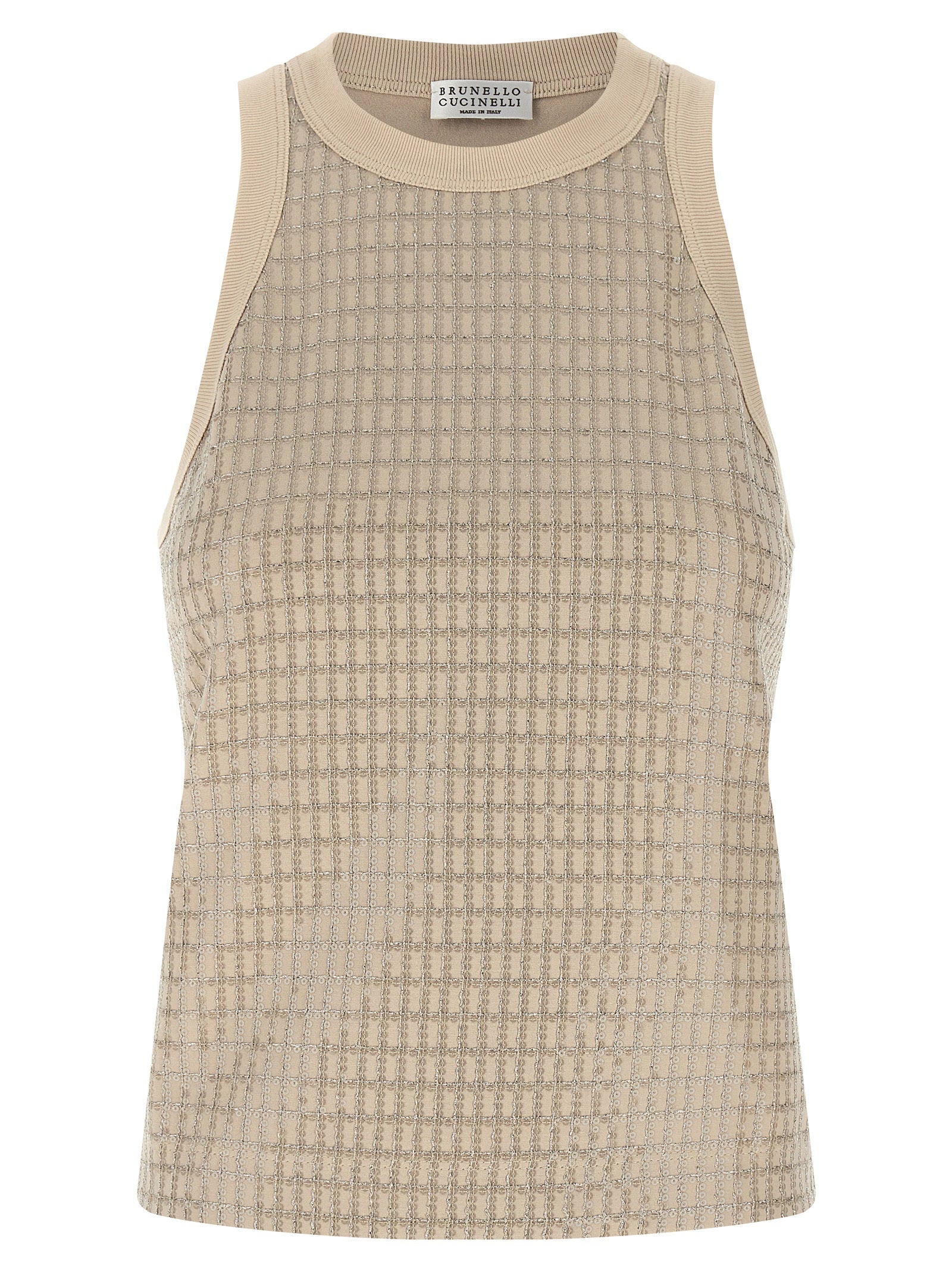 Brunello Cucinelli Dazzling Check Embroidery Tank Top — Beige