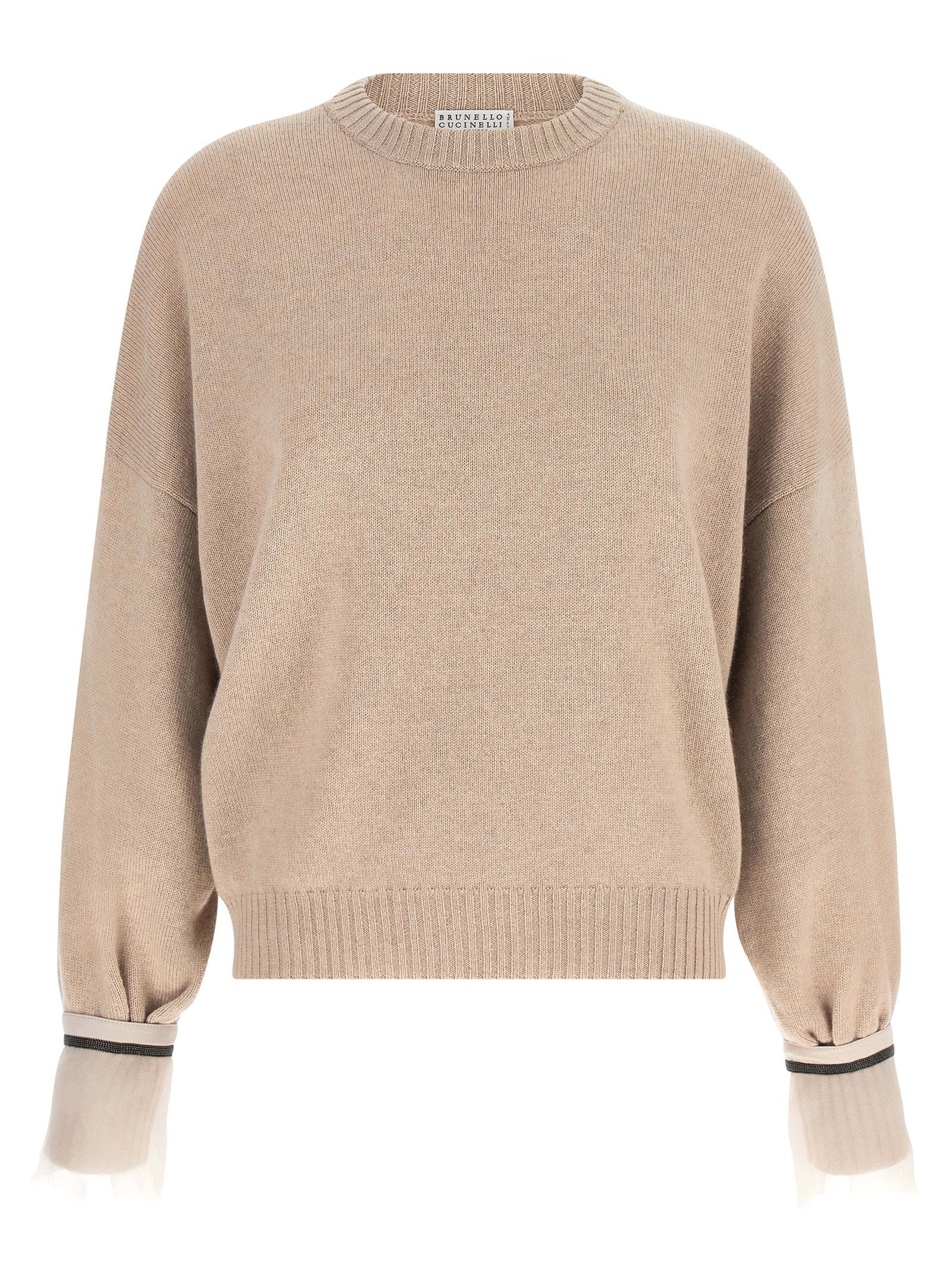 Brunello Cucinelli Removable Monile Silk Cuffs Sweater — Beige
