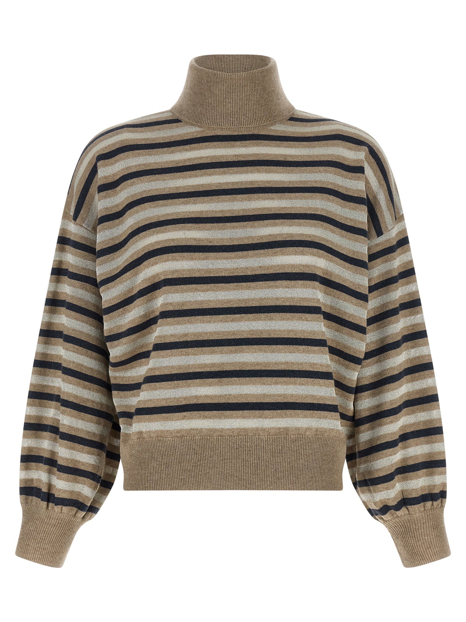 Brunello Cucinelli Lamé Stripe Sweater — Beige