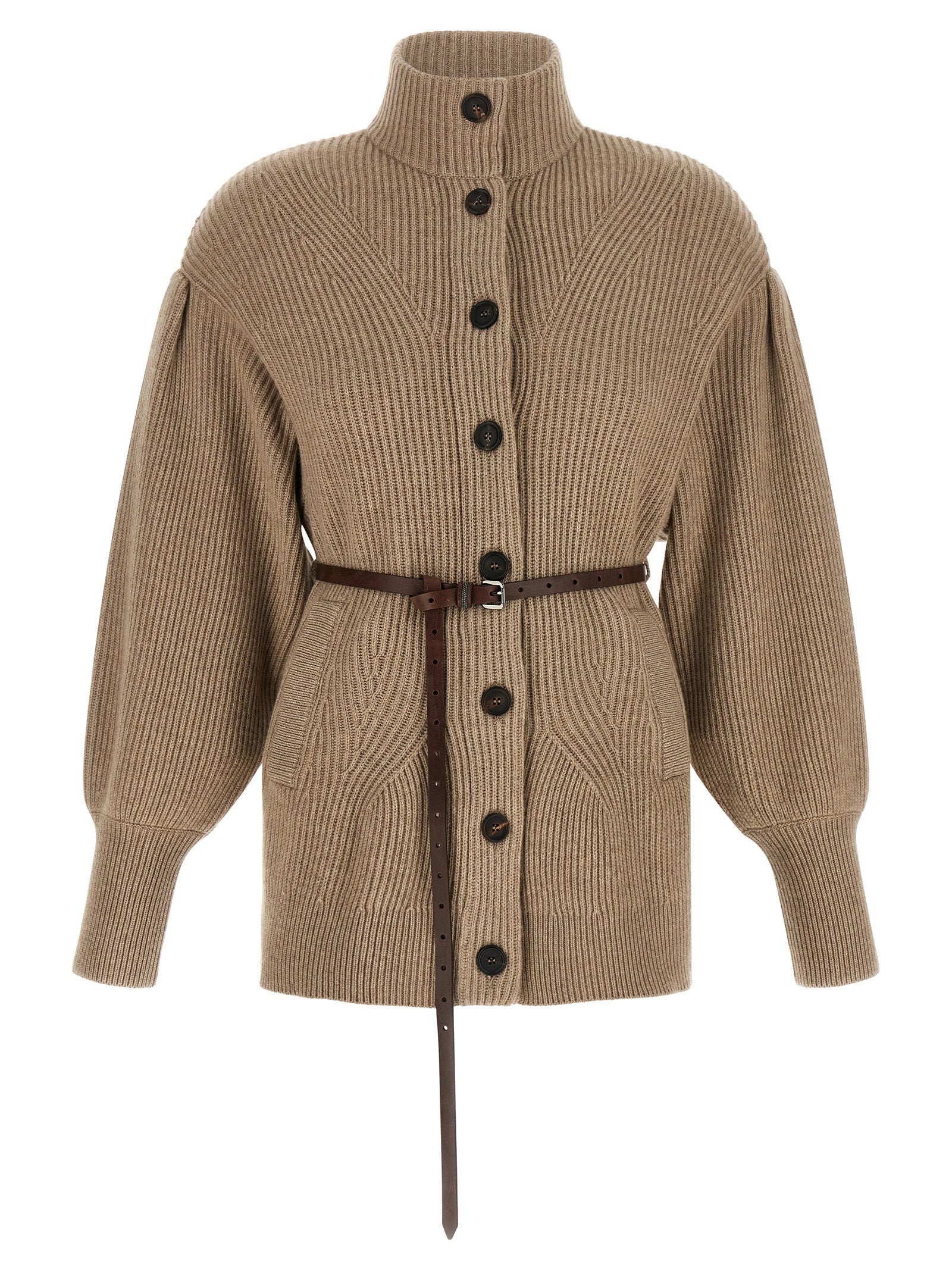 Brunello Cucinelli English Half-Ribbed Virgin Wool Cardigan — Beige
