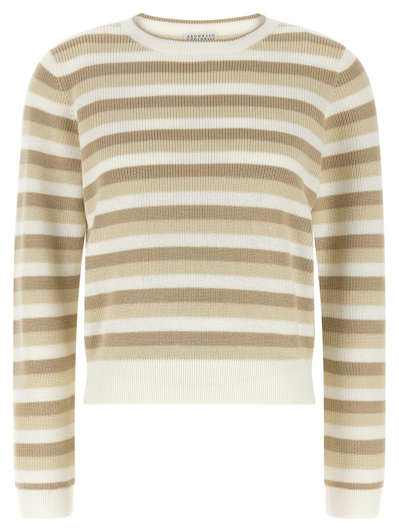 Brunello Cucinelli Striped Cotton Sweater — Tan