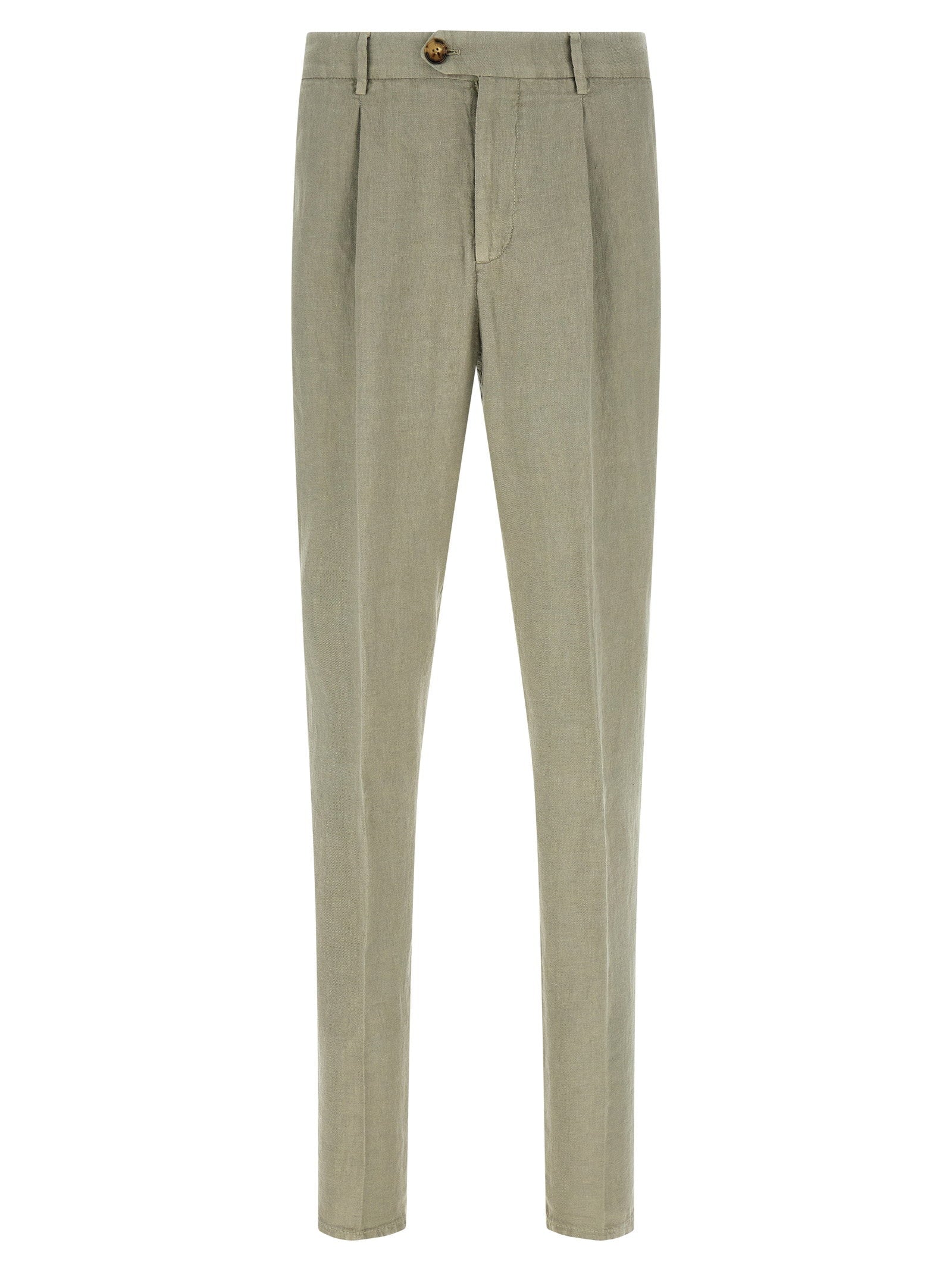 Brunello Cucinelli Garment-Dyed Linen Gabardine Trousers — Olive Green