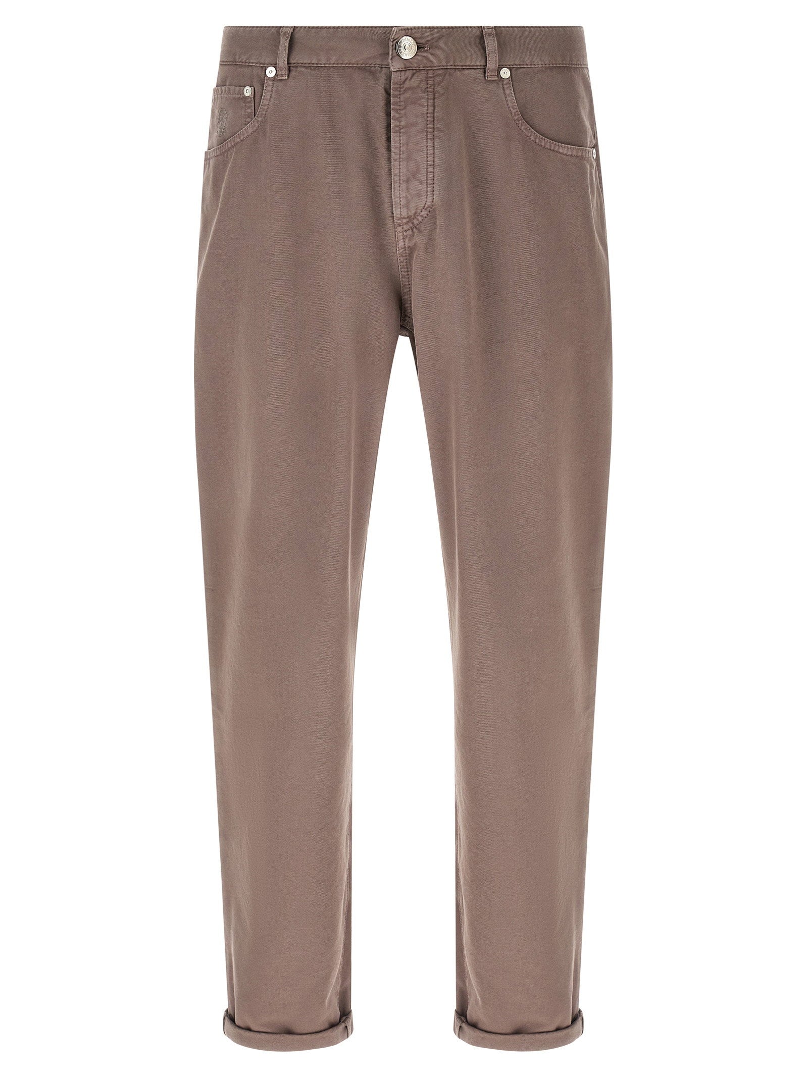 Brunello Cucinelli Garment-Dyed Cotton Trousers — Taupe