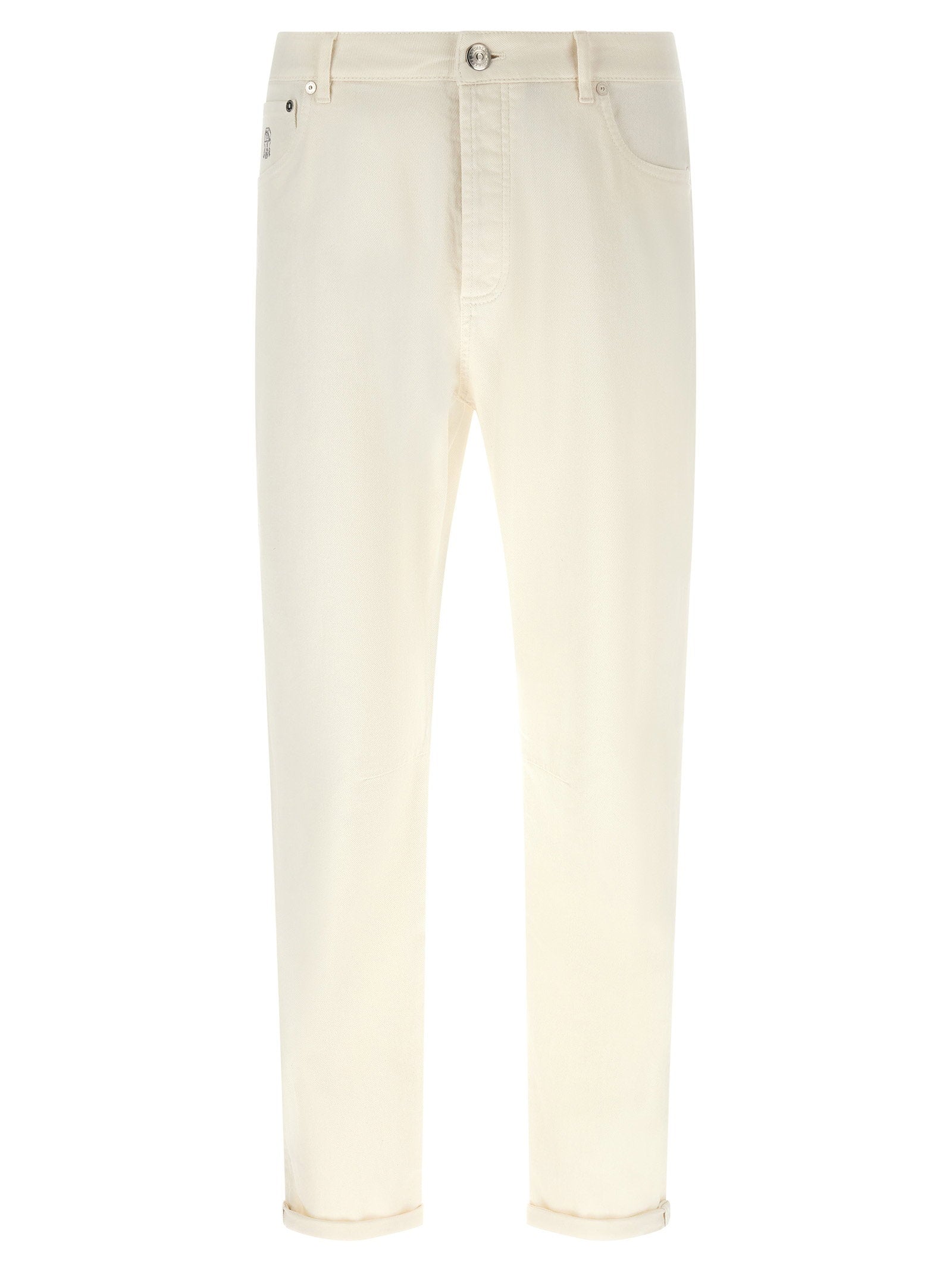 Brunello Cucinelli Logo-Embroidered Cotton Jeans — Cream