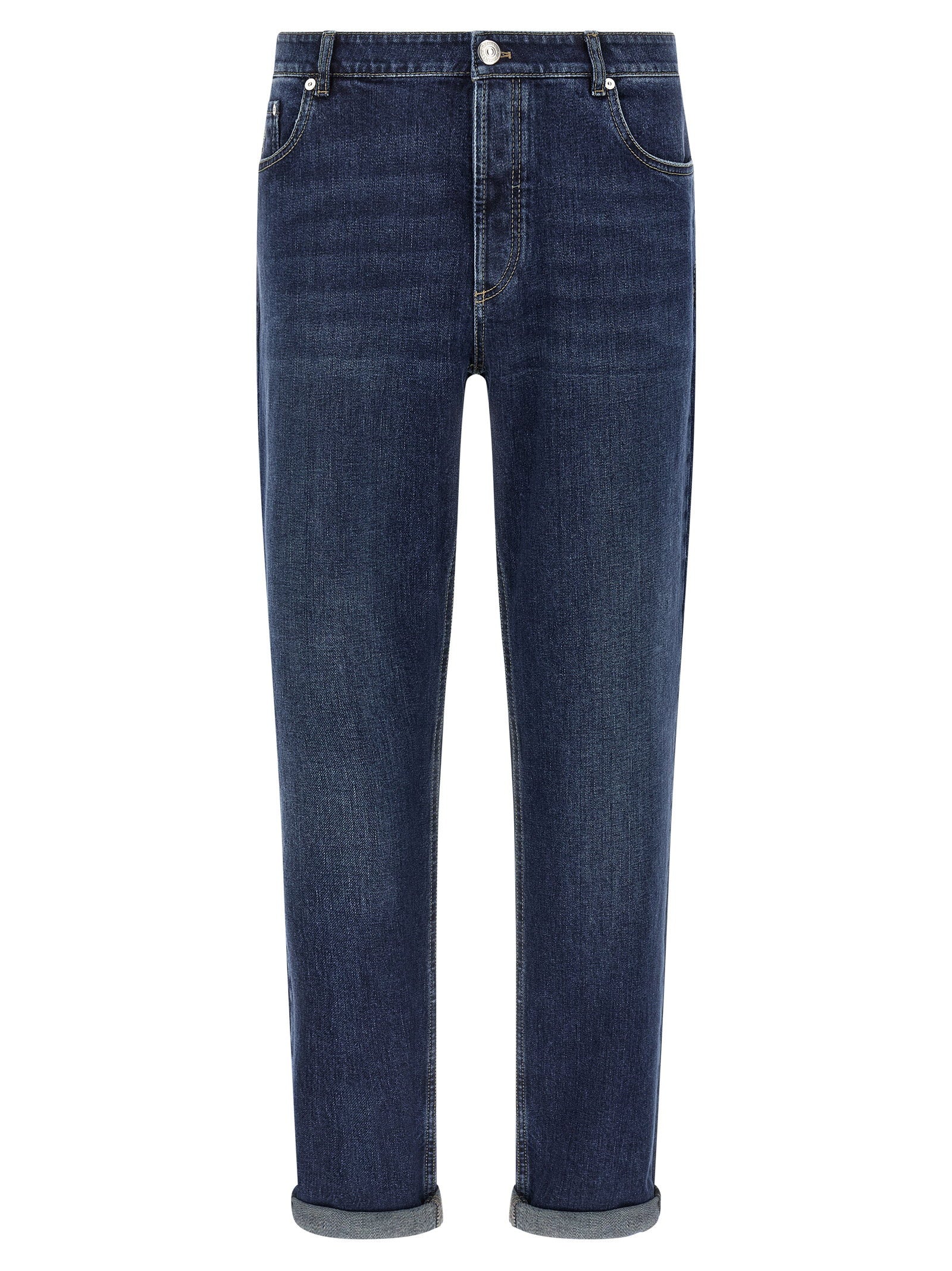 Brunello Cucinelli Logo Embroidery Stretch Jeans — Blue