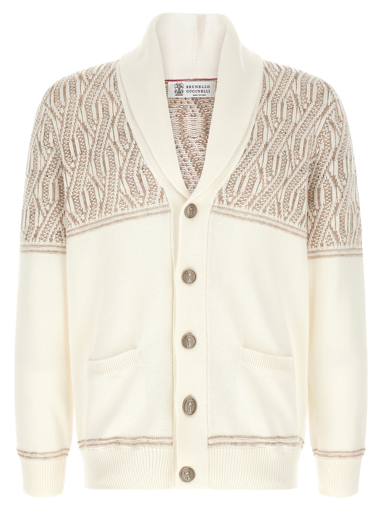 Brunello Cucinelli Braided Jacquard Cotton Cardigan — Cream