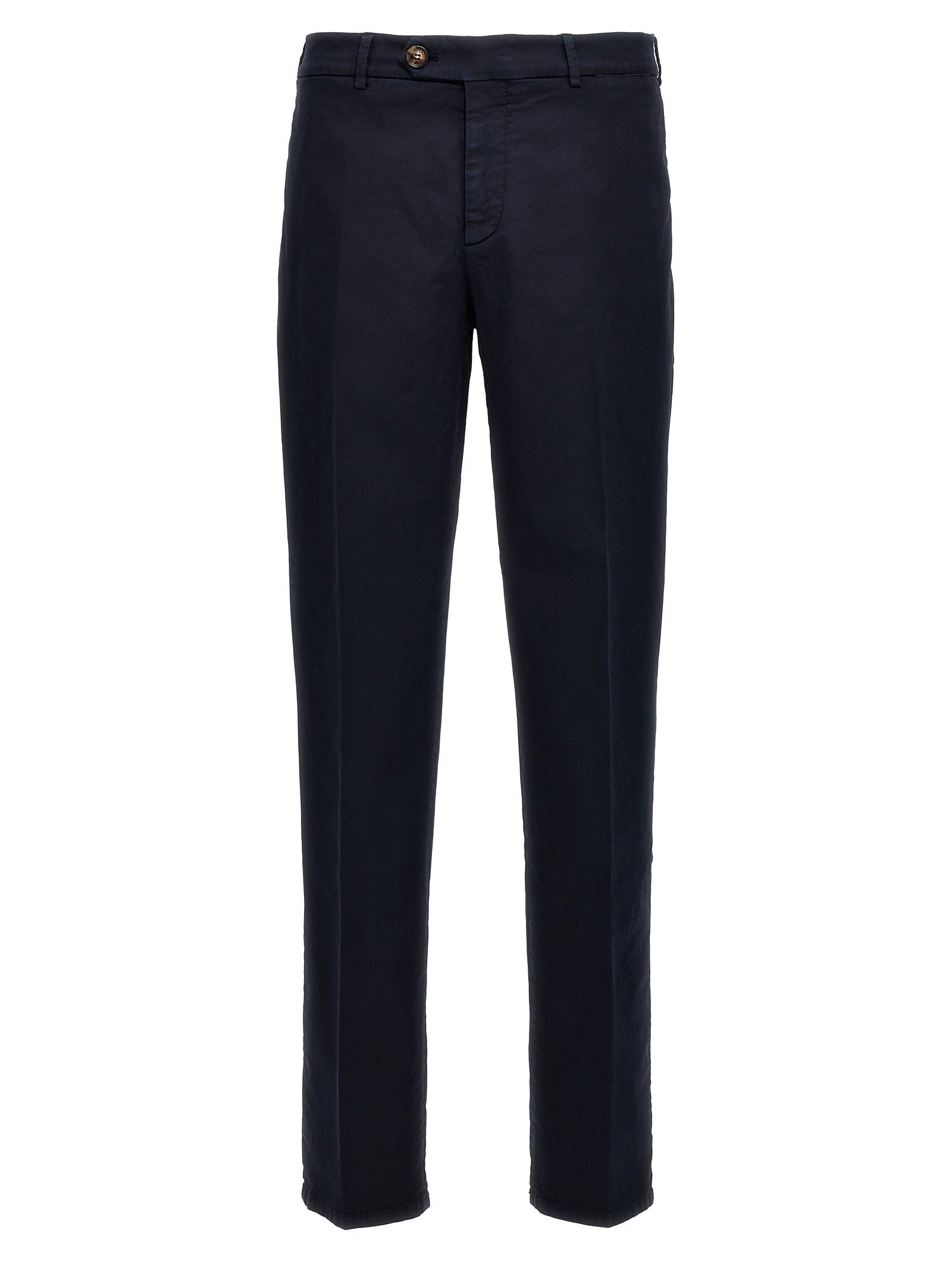 Brunello Cucinelli Flat-Front Cotton Trousers — Navy