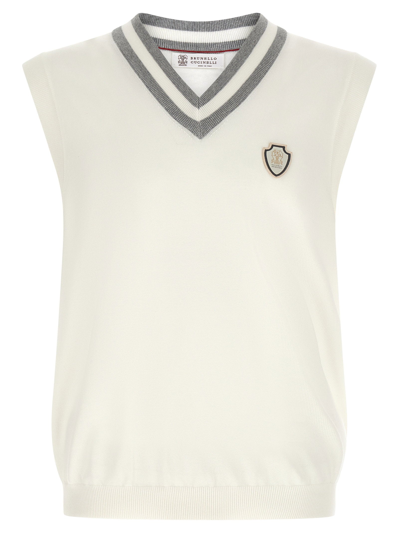 Brunello Cucinelli Logo-Patch Cotton Knit Vest — Cream