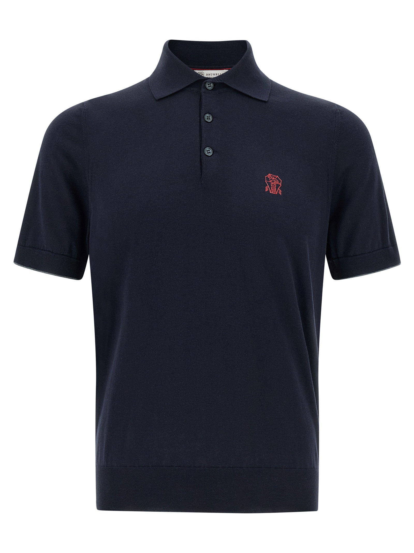 Brunello Cucinelli Logo-Embroidered Cotton Knit Polo Shirt — Navy