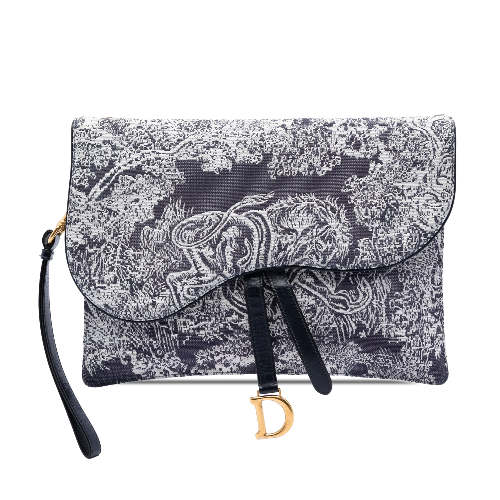 Canvas Embroidered Reverse Toile De Jouy Saddle Pouch
