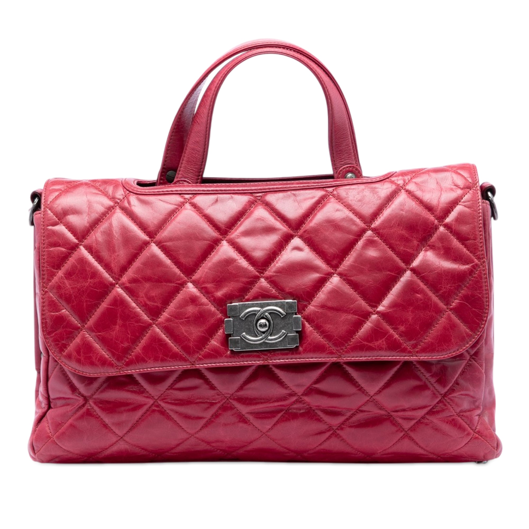 Quilted Glazed Calfskin Convertible Boy Top Handle Bag