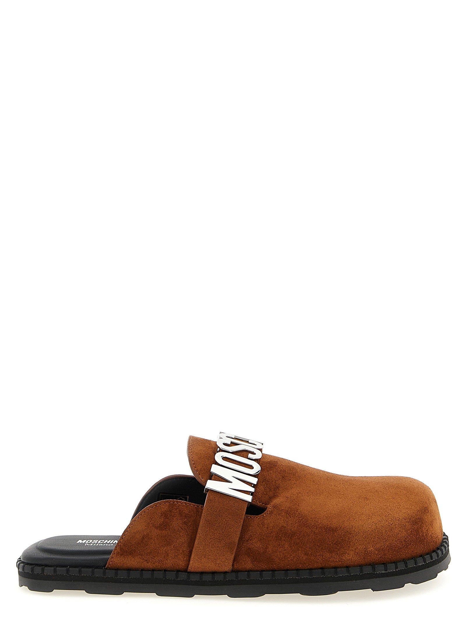 Moschino Suede with Metal Logo Strap Sabot — Cognac