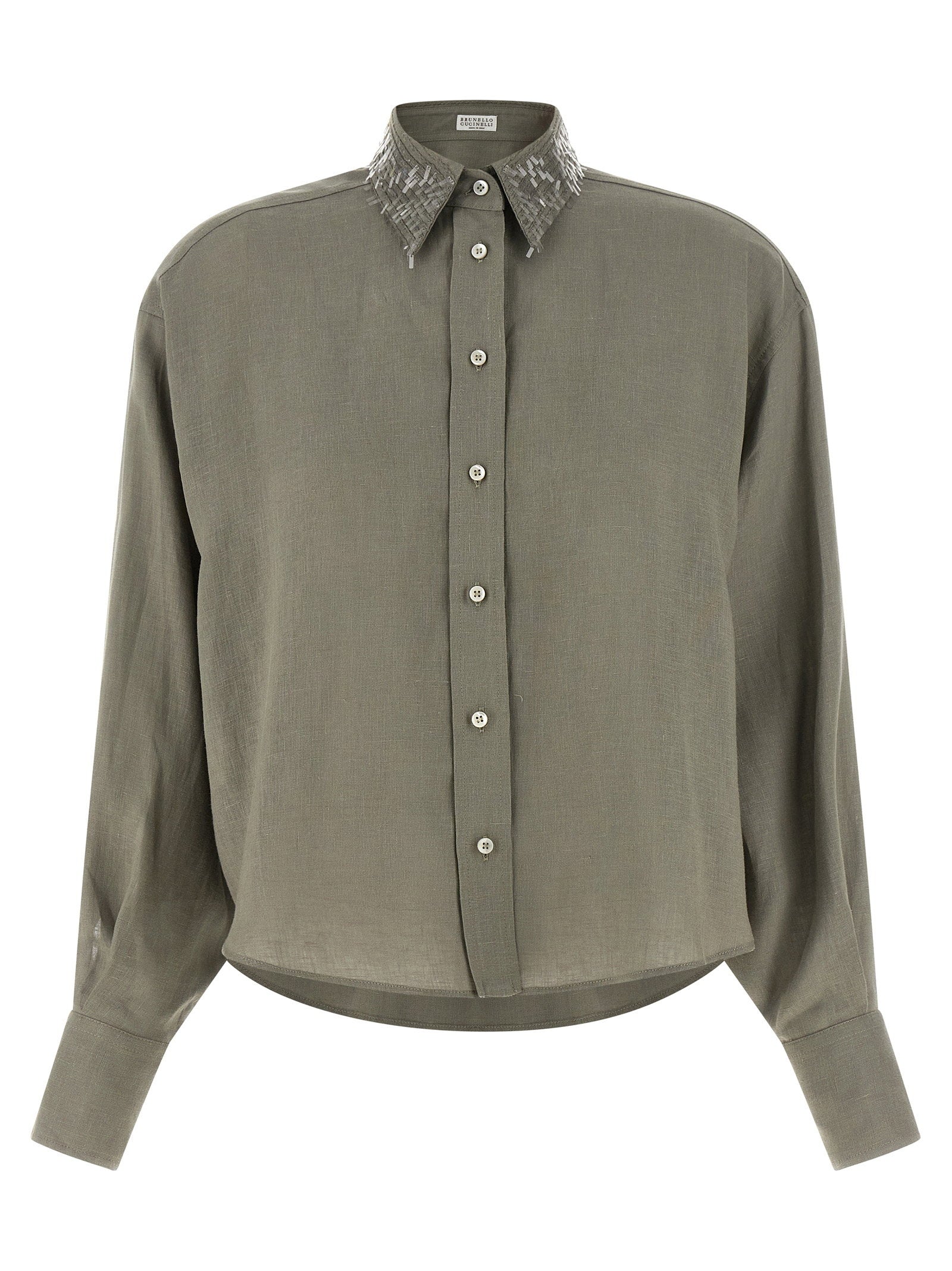 Brunello Cucinelli Sequin-Collar Linen Shirt — Green