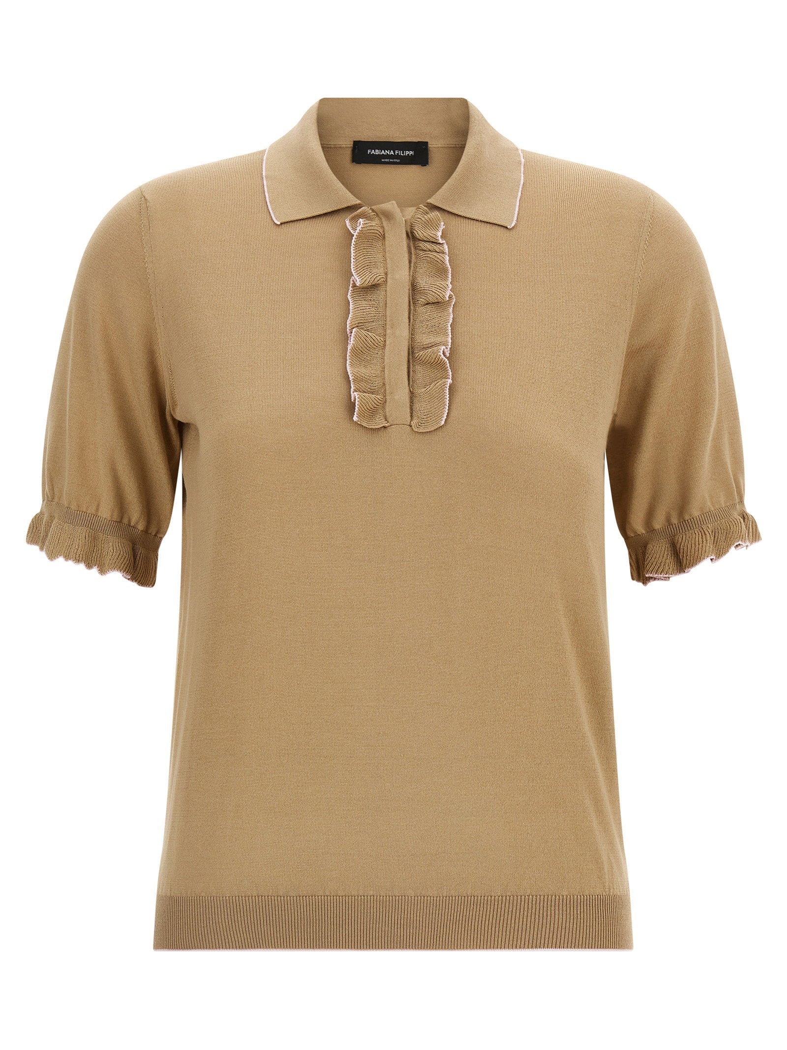 Fabiana Filippi Ruffled Silk-Cotton Blend Polo Shirt — Camel