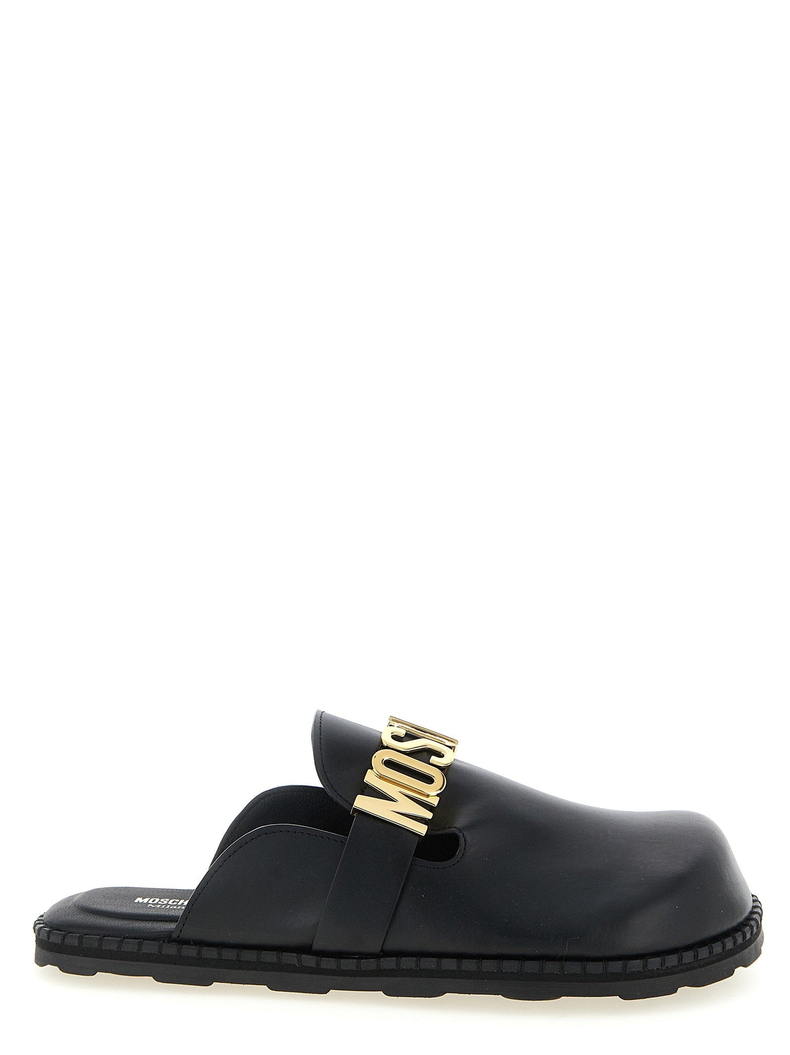 Moschino Metal Logo-Strap Leather Mule — Black