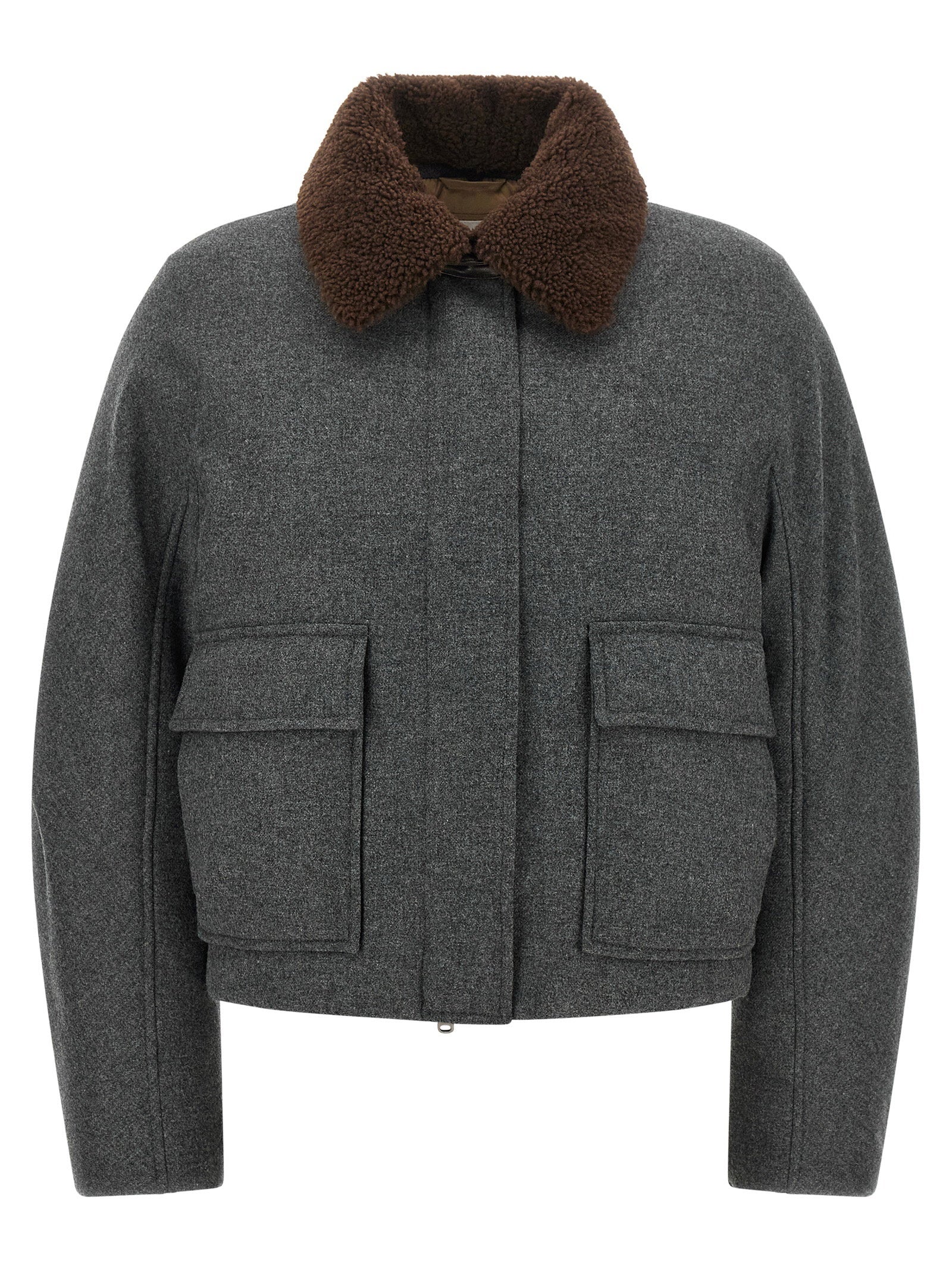 Brunello Cucinelli Shearling Collar Wool-Cashmere Jacket — Charcoal