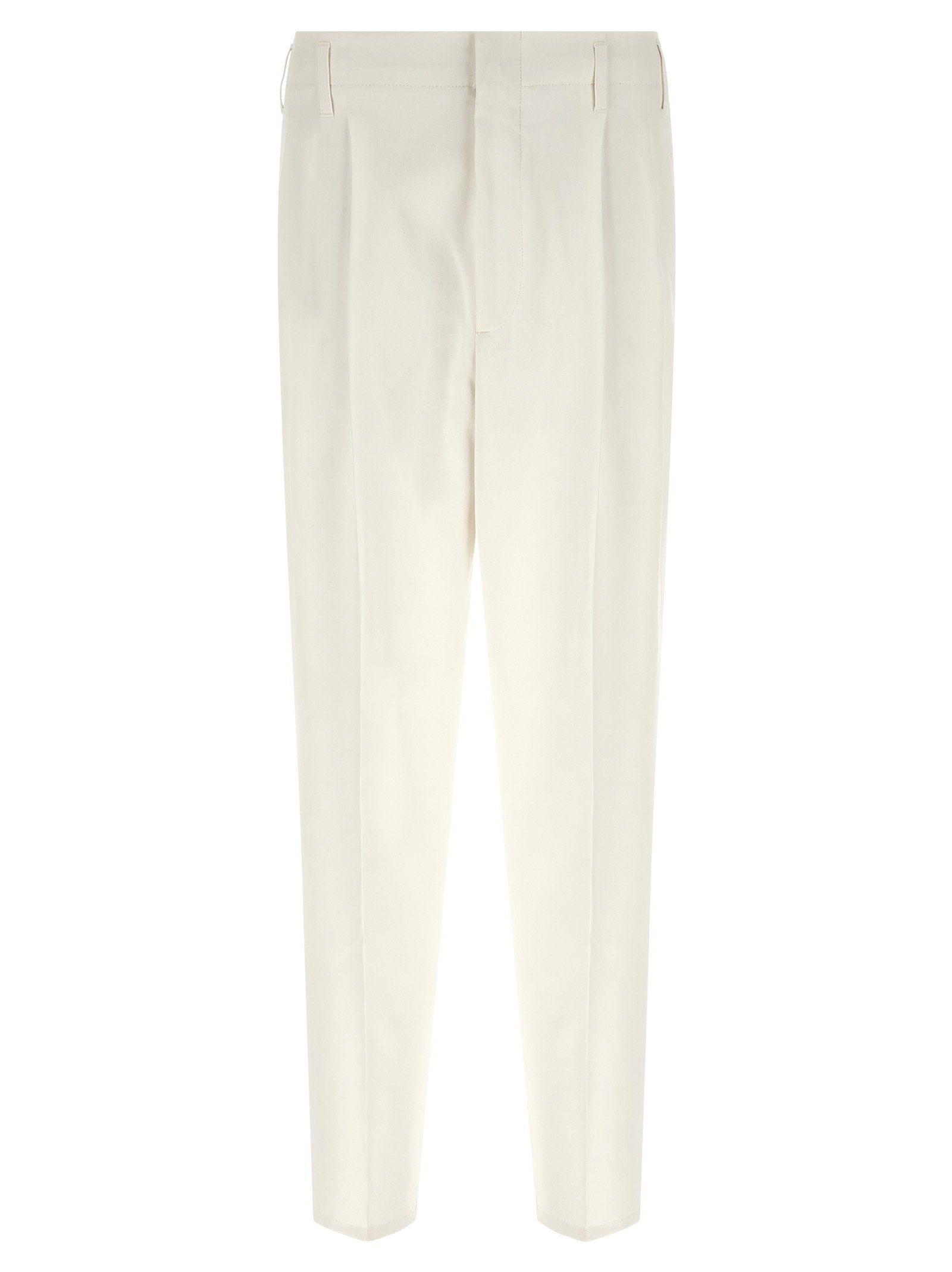 Brunello Cucinelli High-Waist Pleated Cotton Trousers — Cream