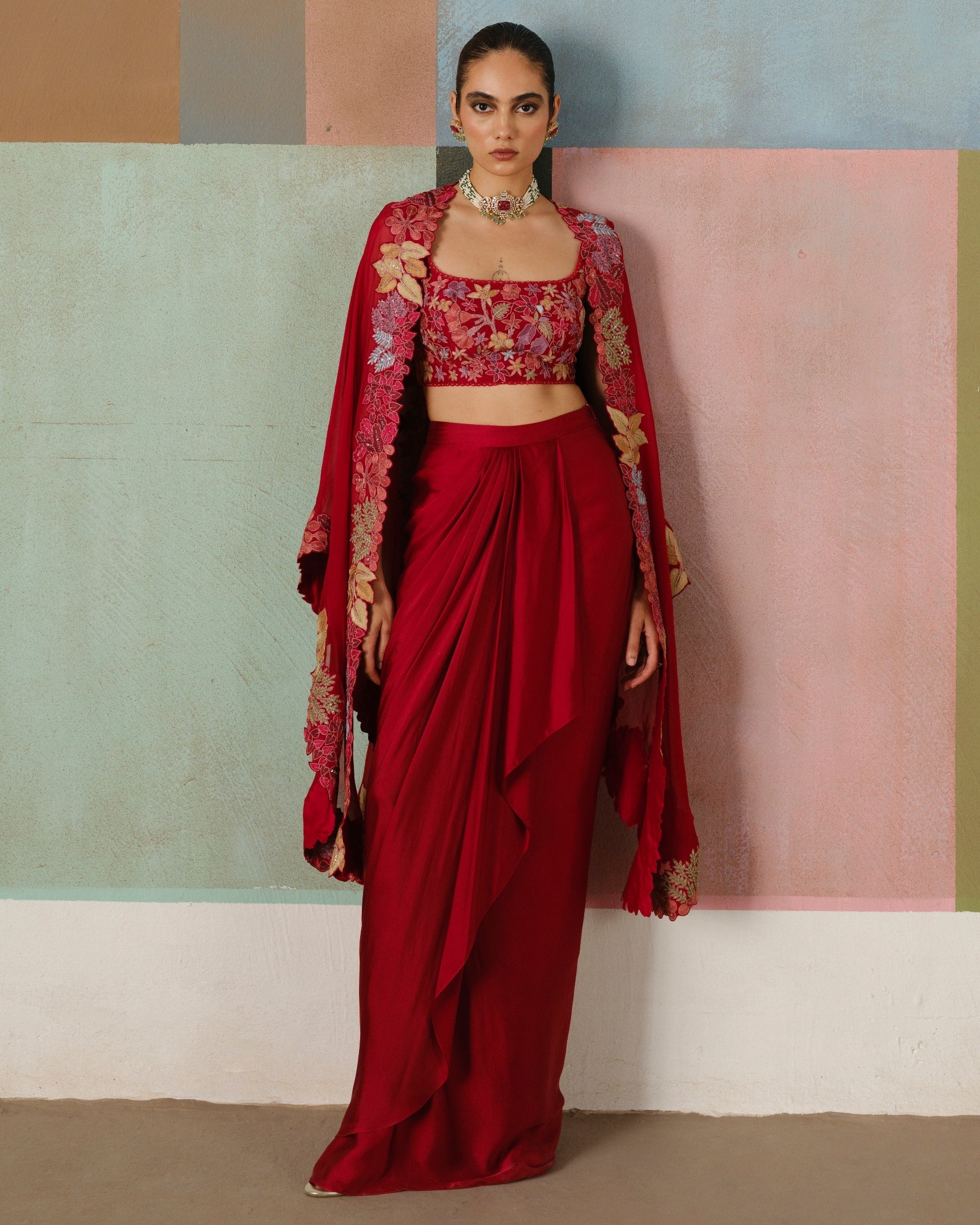 Red Lea Cape Set By KYNAH, Luxury Indian Fashion & Bridal Wear
