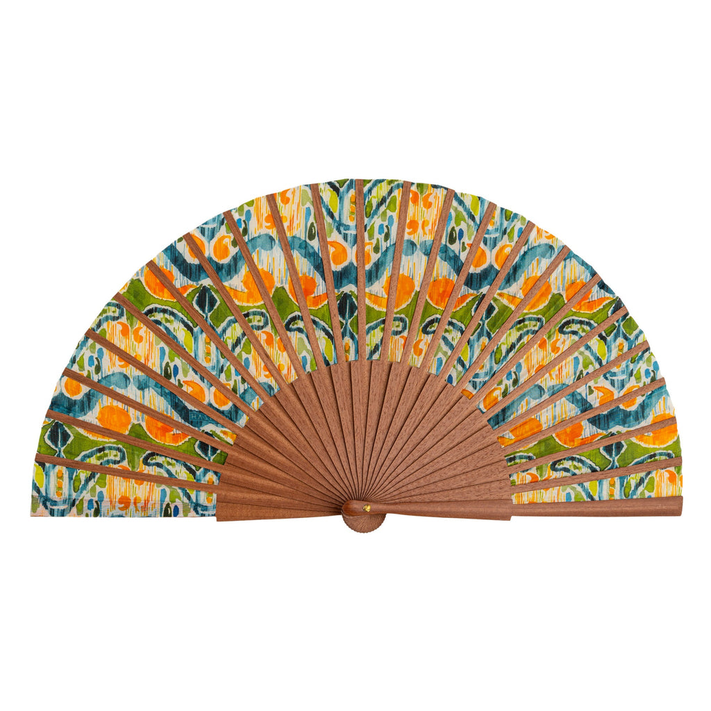 Handcrafted Silk Fan with Vibrant Ikat Pattern - Made in Spain