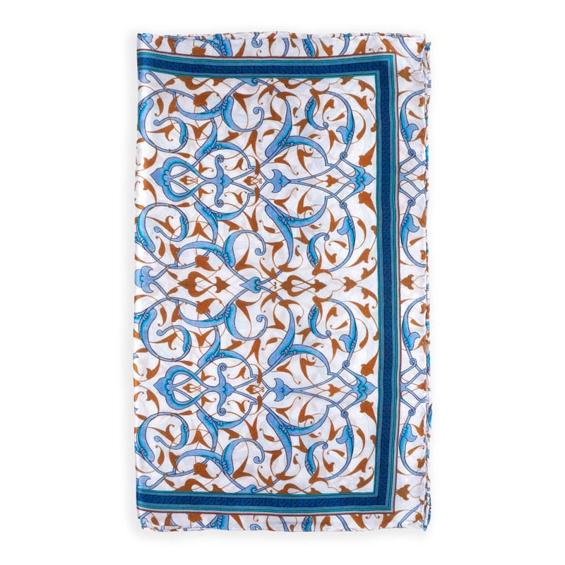 Blue and White Silk Scarf with Turkish Print Rumi
