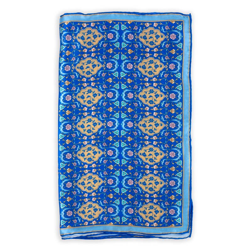 Blue and Brown Silk Scarf with Oriental Pattern Bulut