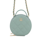 Quilted Caviar Handle With Care Round Vanity Case with Chain