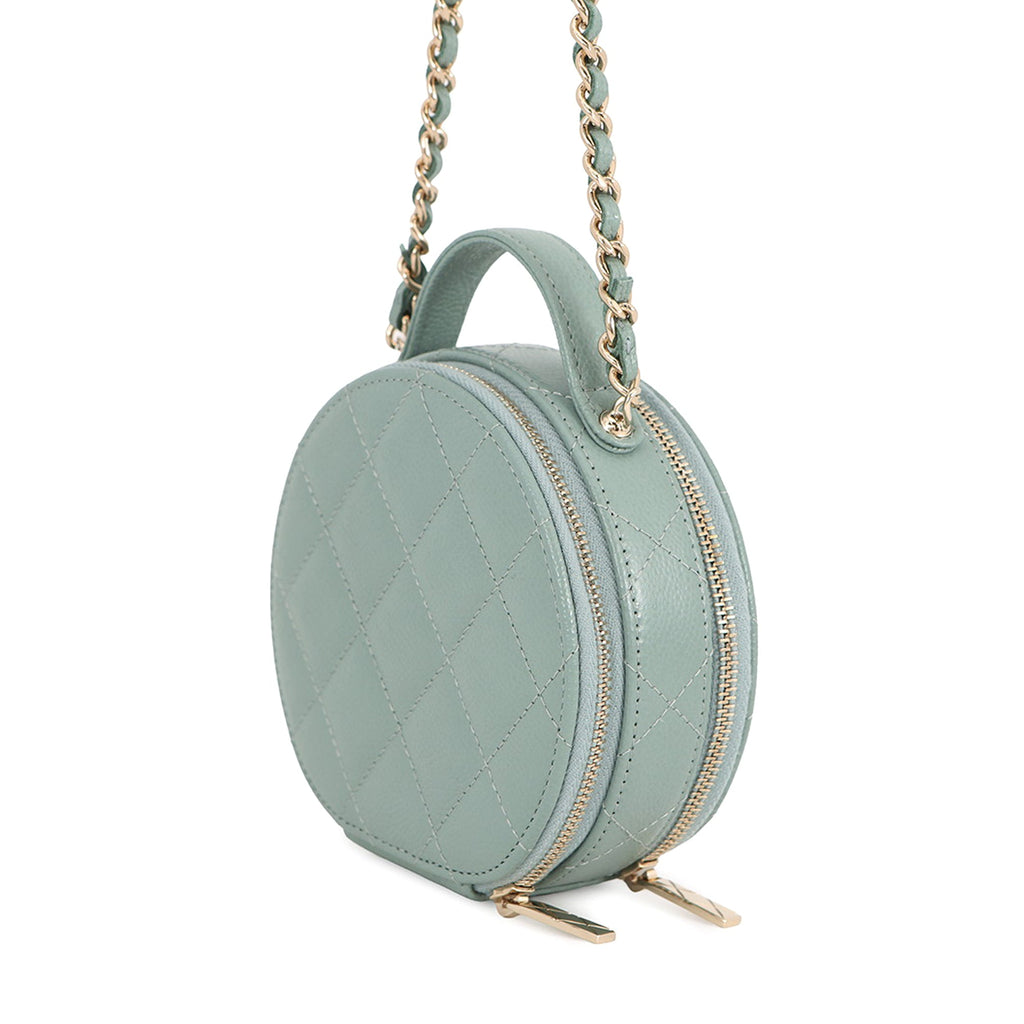 Quilted Caviar Handle With Care Round Vanity Case with Chain