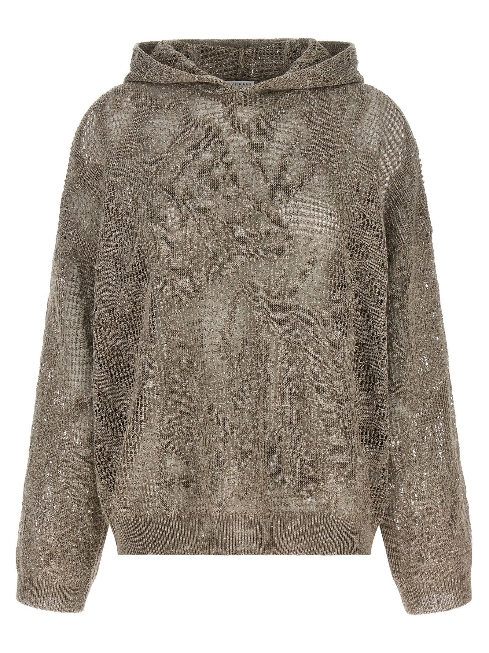 Brunello Cucinelli Openwork Linen-Cotton Hooded Sweater — Beige