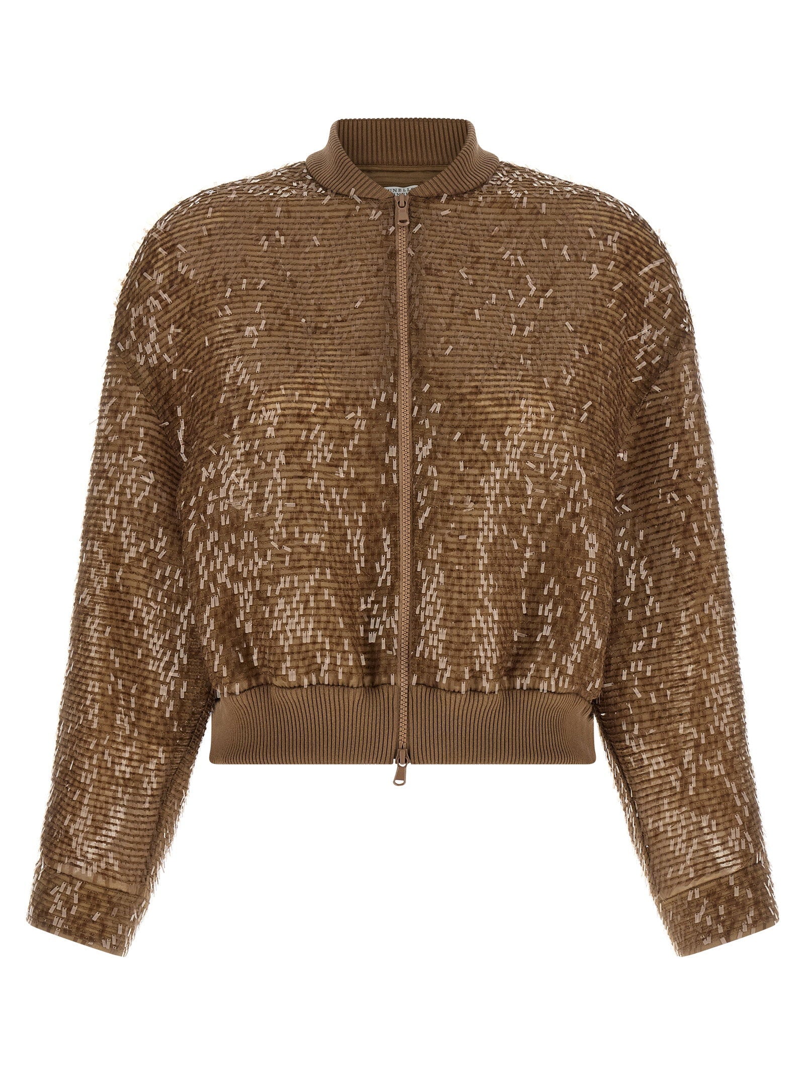 Brunello Cucinelli Sequin-Embroidered Silk Cardigan — Camel