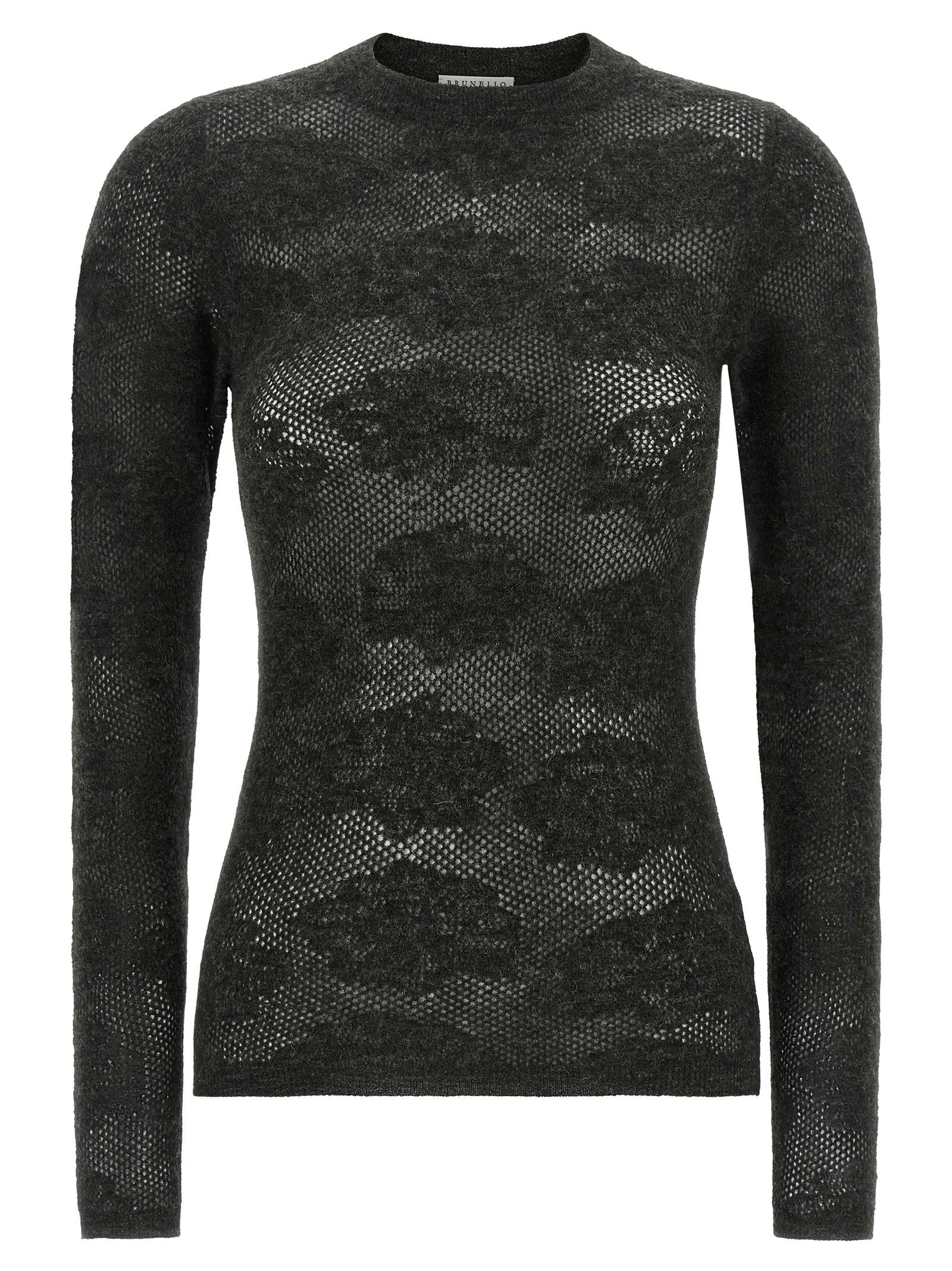 Brunello Cucinelli Perforated Floral Lace Sweater — Anthracite Grey