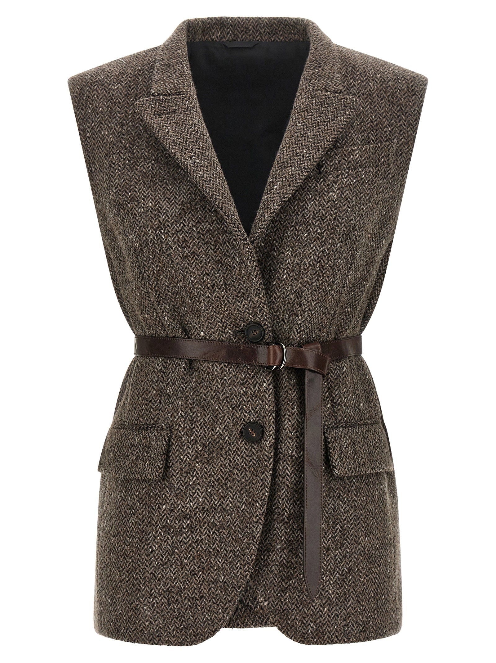 Brunello Cucinelli Herringbone Virgin Wool Vest — Taupe