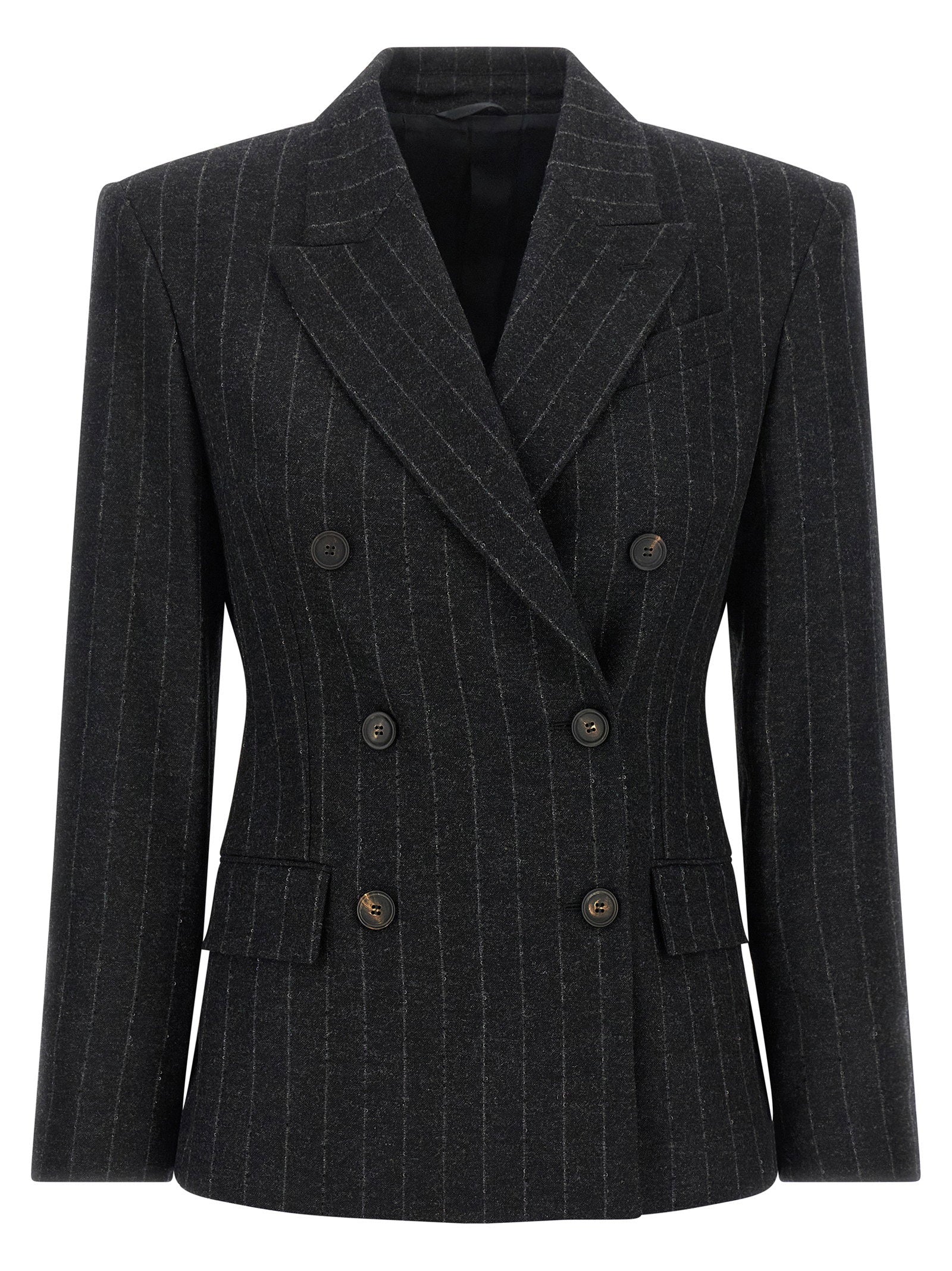 Brunello Cucinelli Pinstripe Virgin Wool-Cashmere Blazer — Charcoal