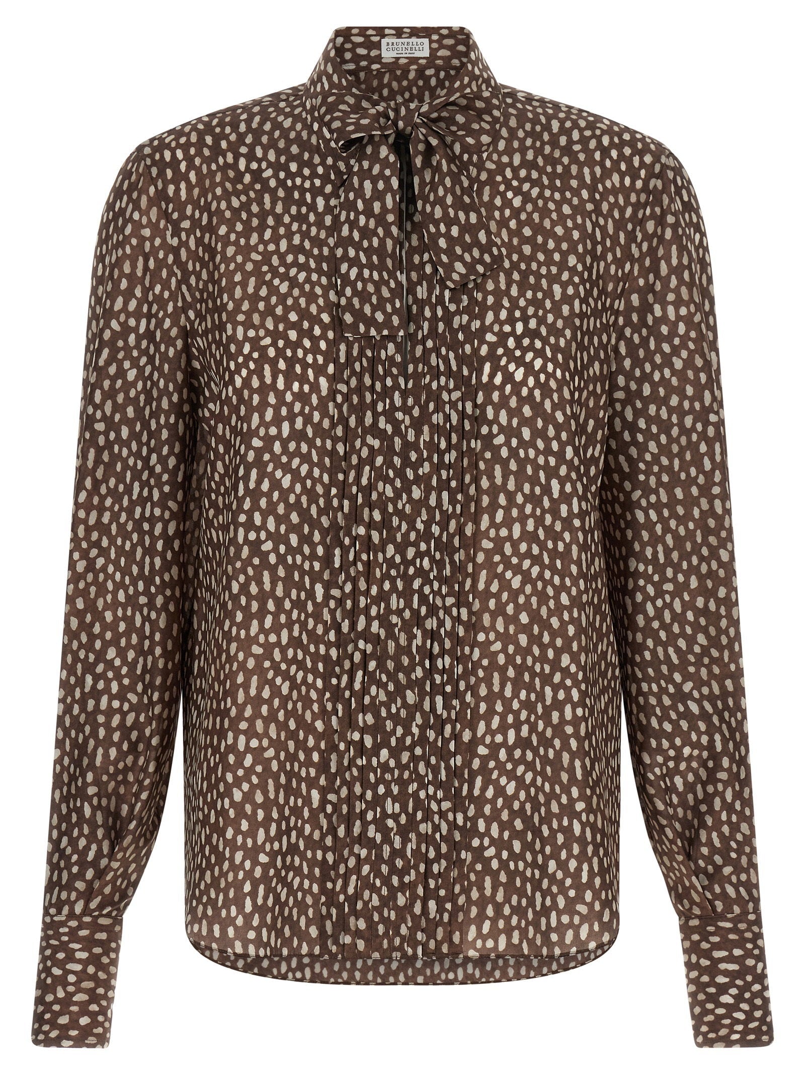 Brunello Cucinelli Lavallière Collar Silk Shirt — Brown