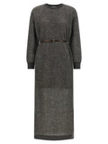 Brunello Cucinelli Lamé-Blend Mesh Knit Dress — grey