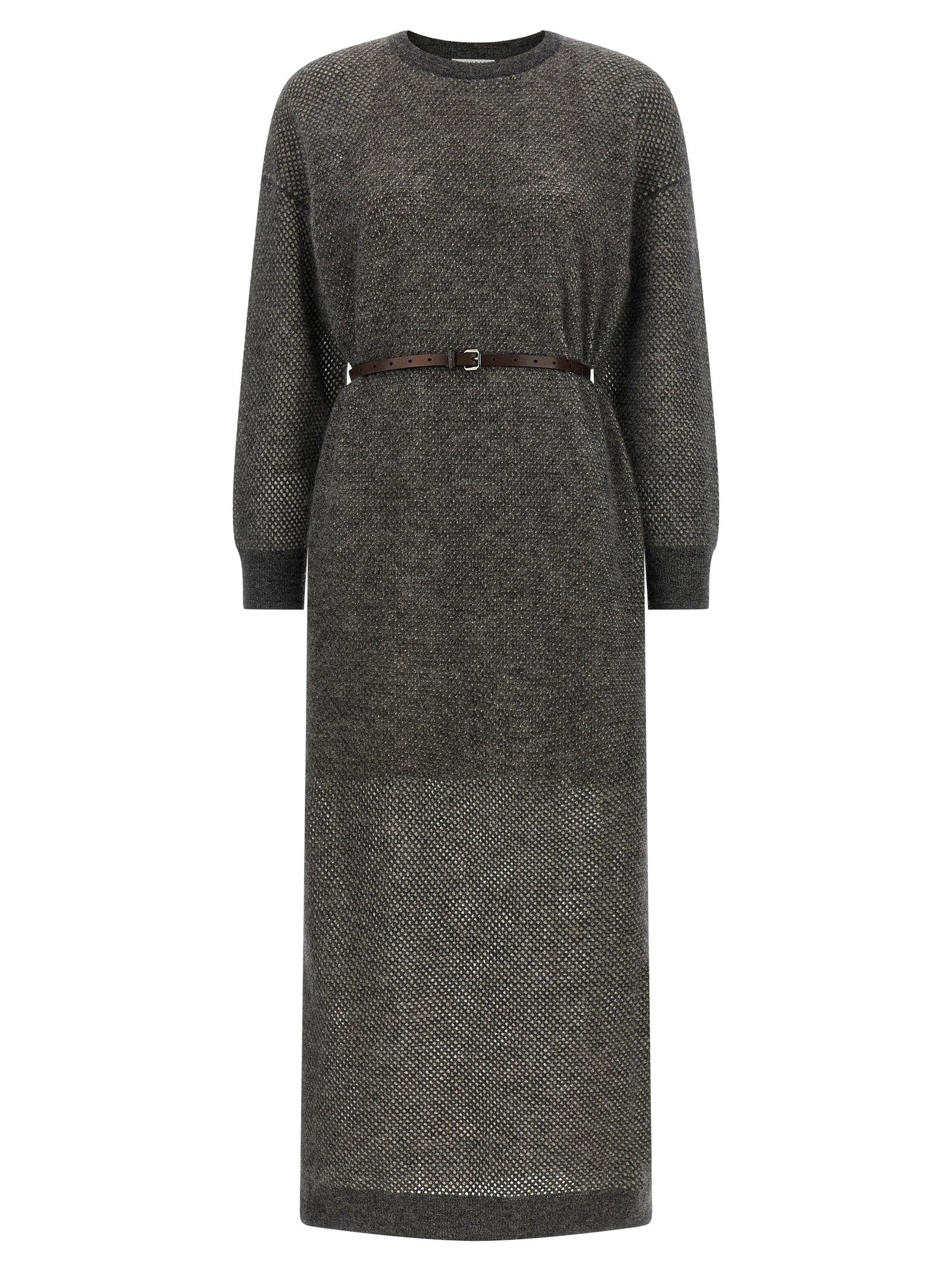 Brunello Cucinelli Lamé-Blend Mesh Knit Dress — grey