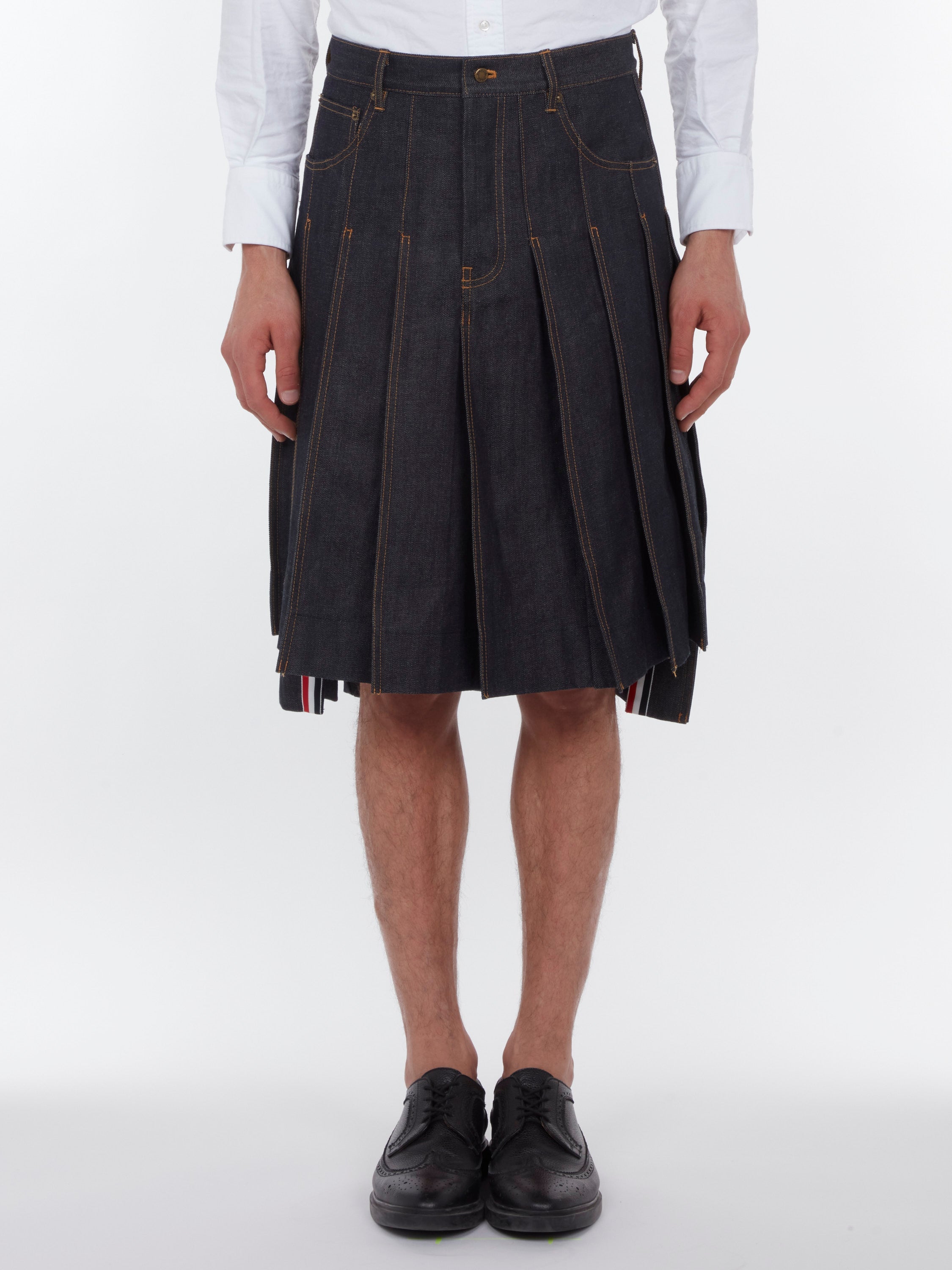 Thom Browne Pleated Japanese Selvedge Denim Skirt — Navy
