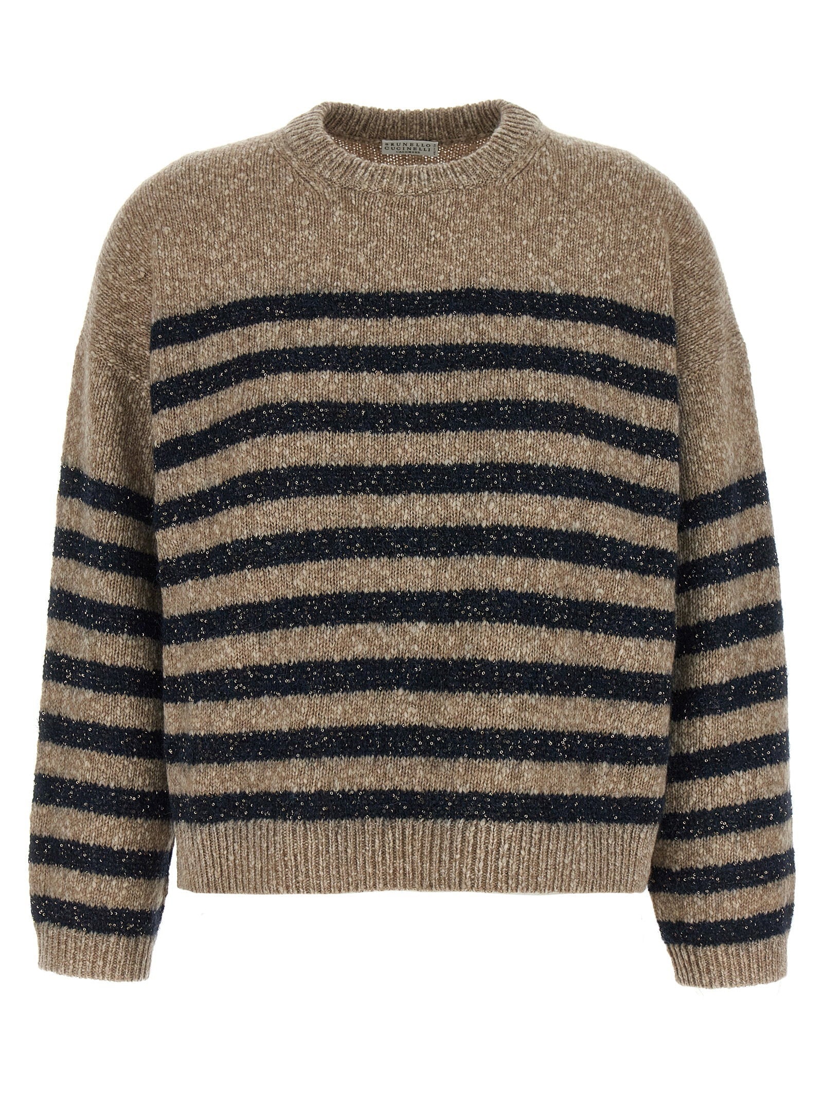 Brunello Cucinelli Sequin-Striped Wool Cashmere Sweater — Beige