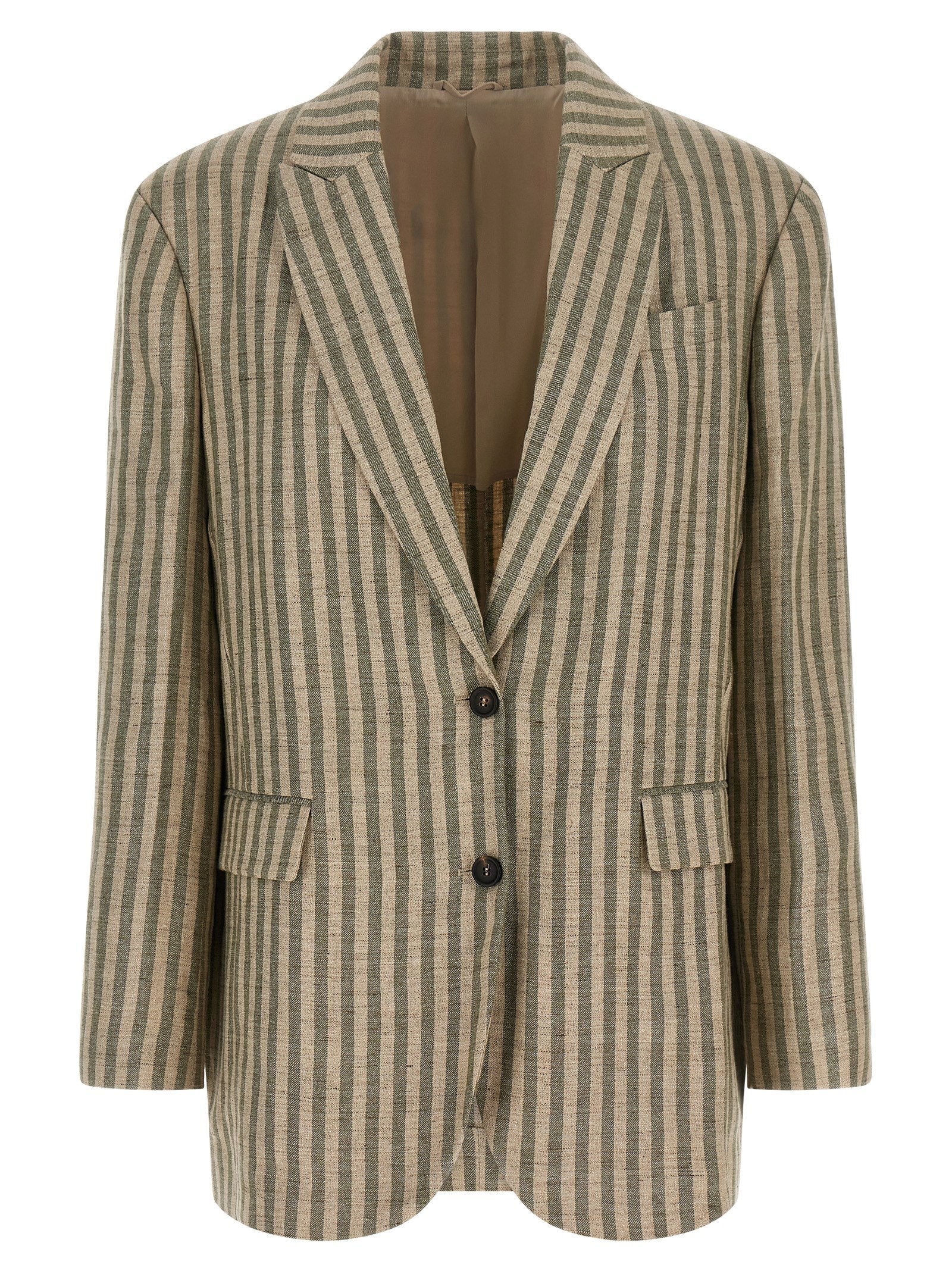 Brunello Cucinelli Striped Linen Blend Blazer — Beige